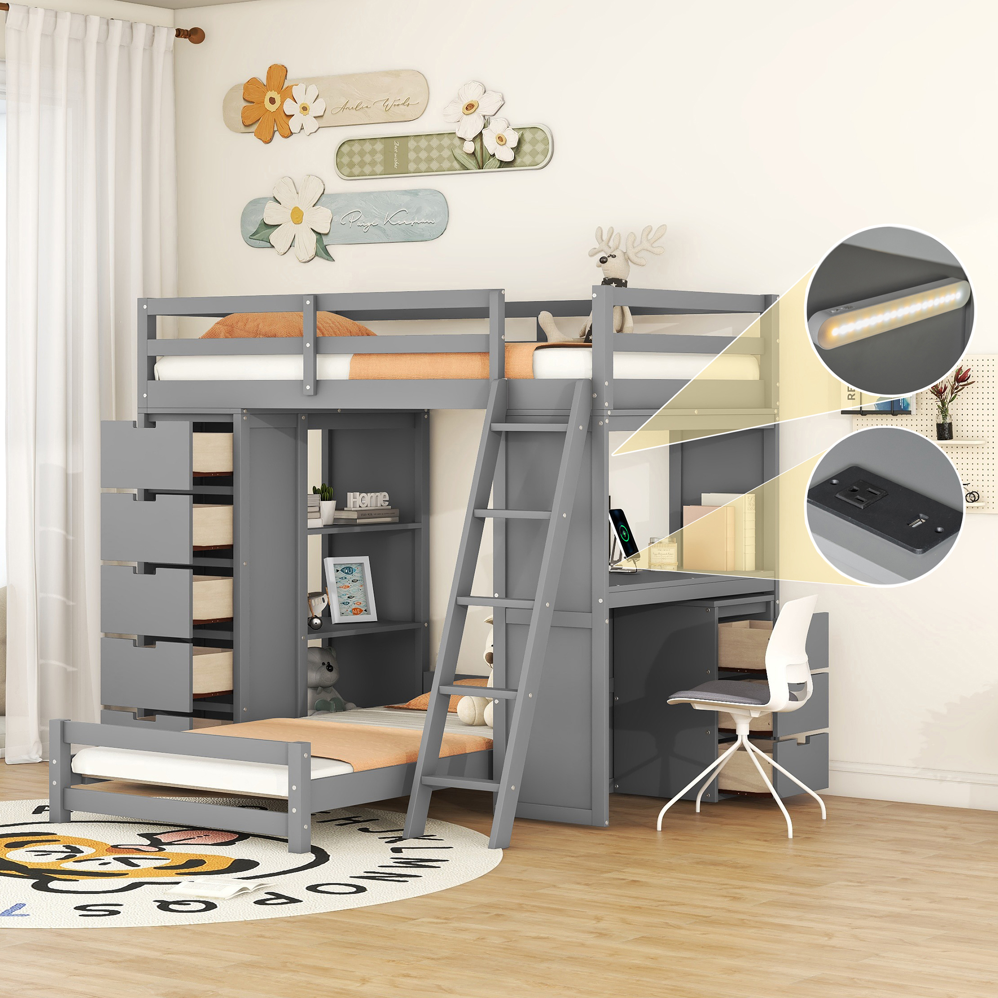 Gray Bunk Bed with Integrated Workstation and Storage