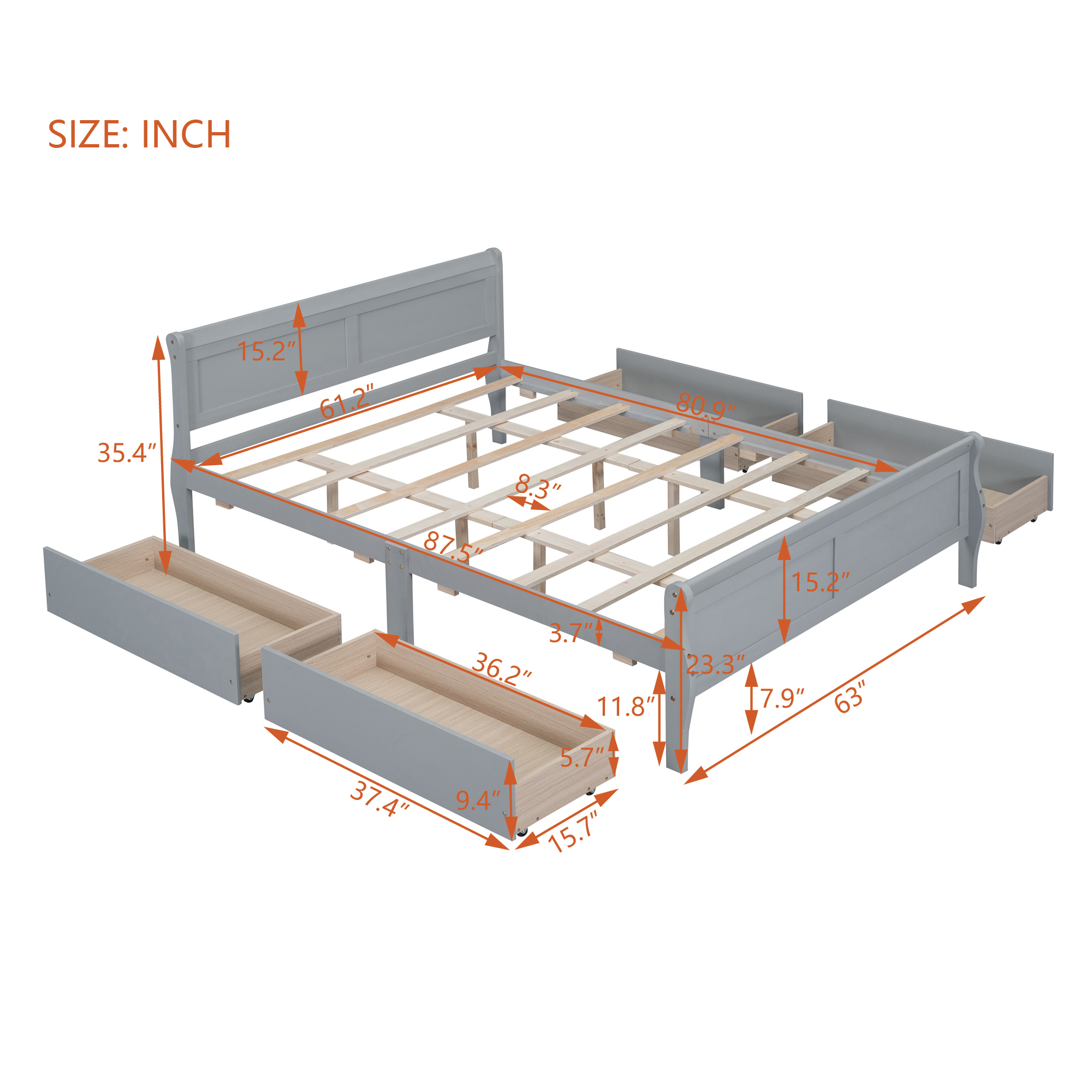 Queen Size Wood Platform Bed with 4 Drawers and Streamlined Headboard & Footboard, Gray