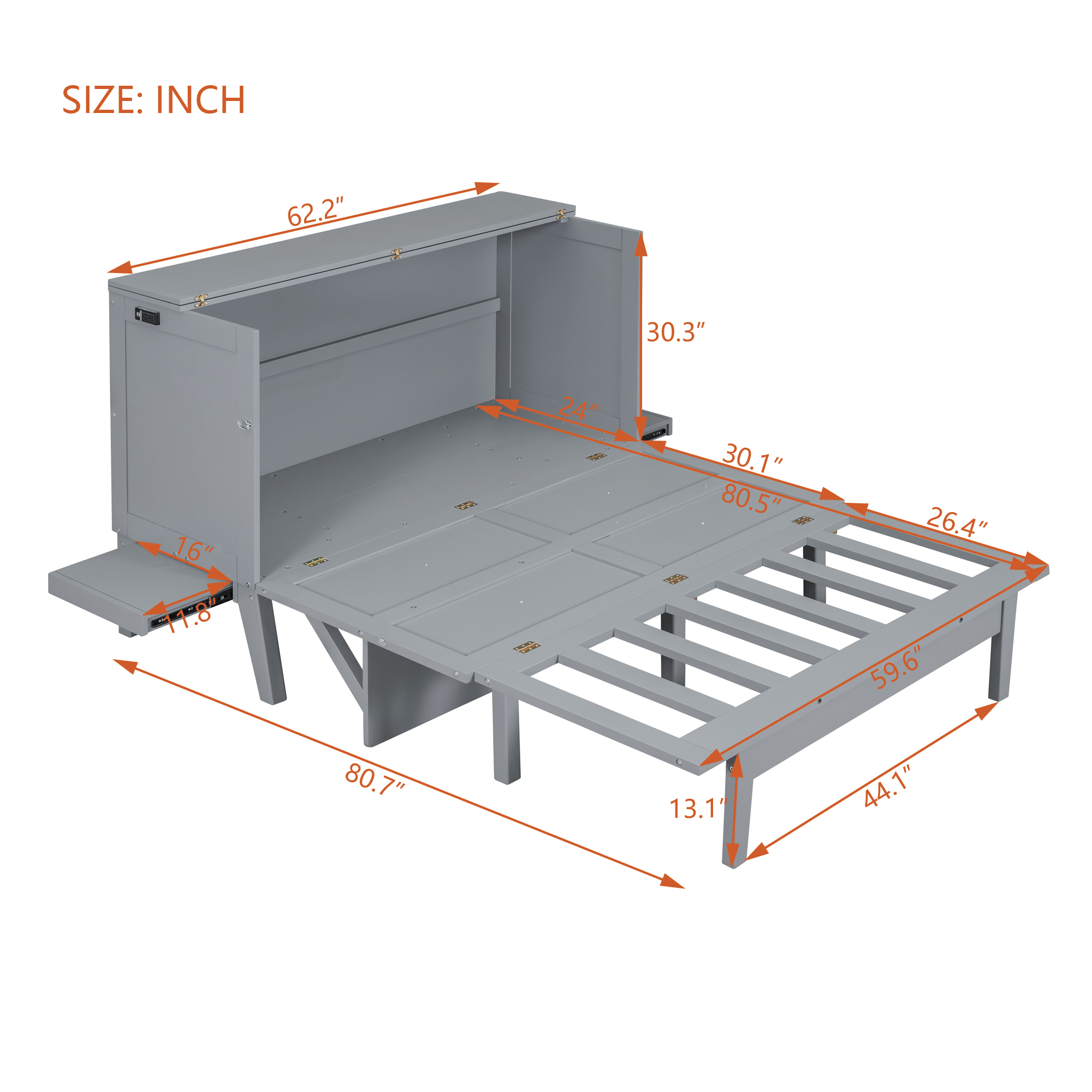 Queen Size Murphy Bed with USB Port and removable Shelves on Each Side,Gray