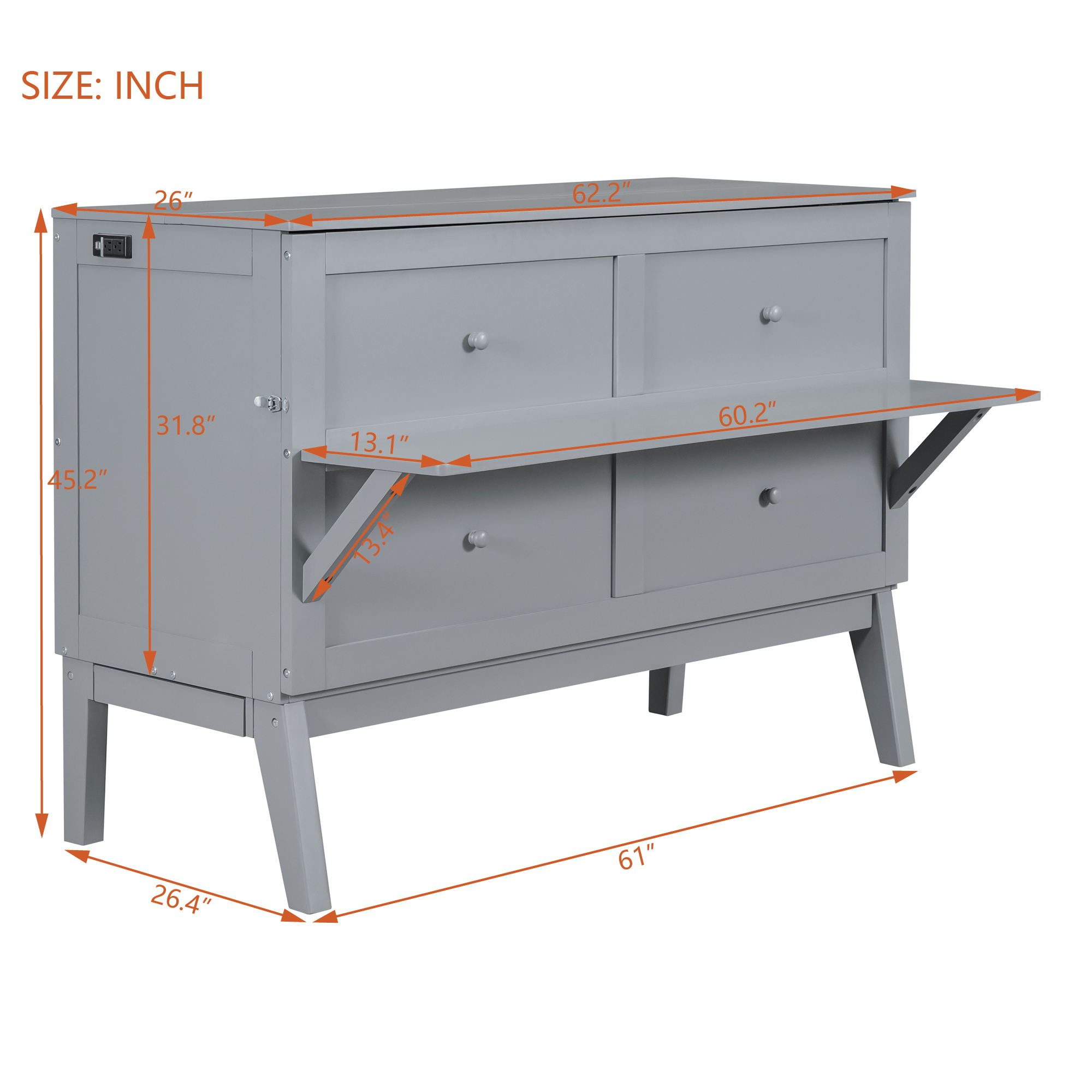 Queen Size Murphy Bed with USB Port and removable Shelves on Each Side,Gray