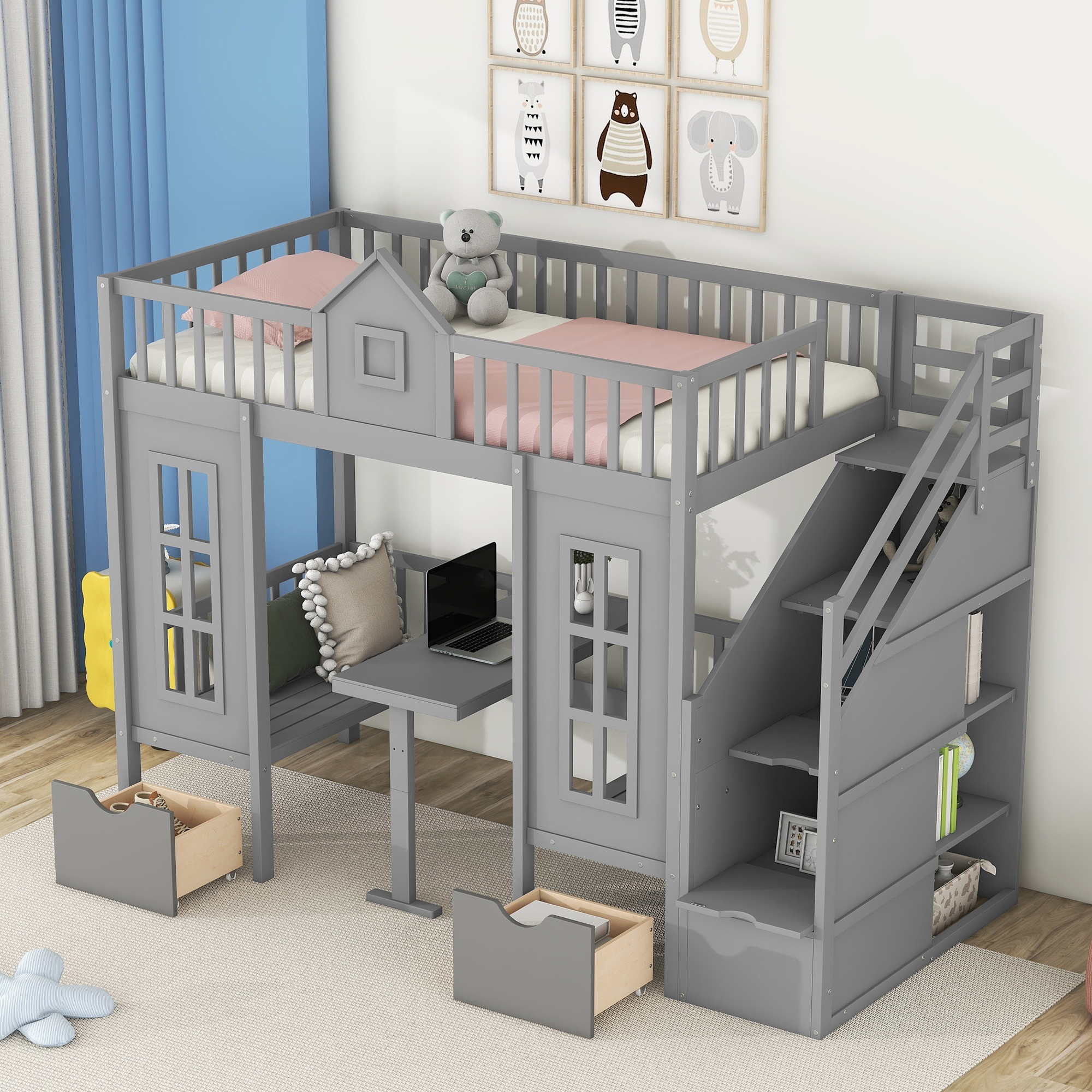 Twin-Over-Twin Bunk Bed with Changeable Table, Bunk Bed Turn into Upper Bed and Down Desk -Gray