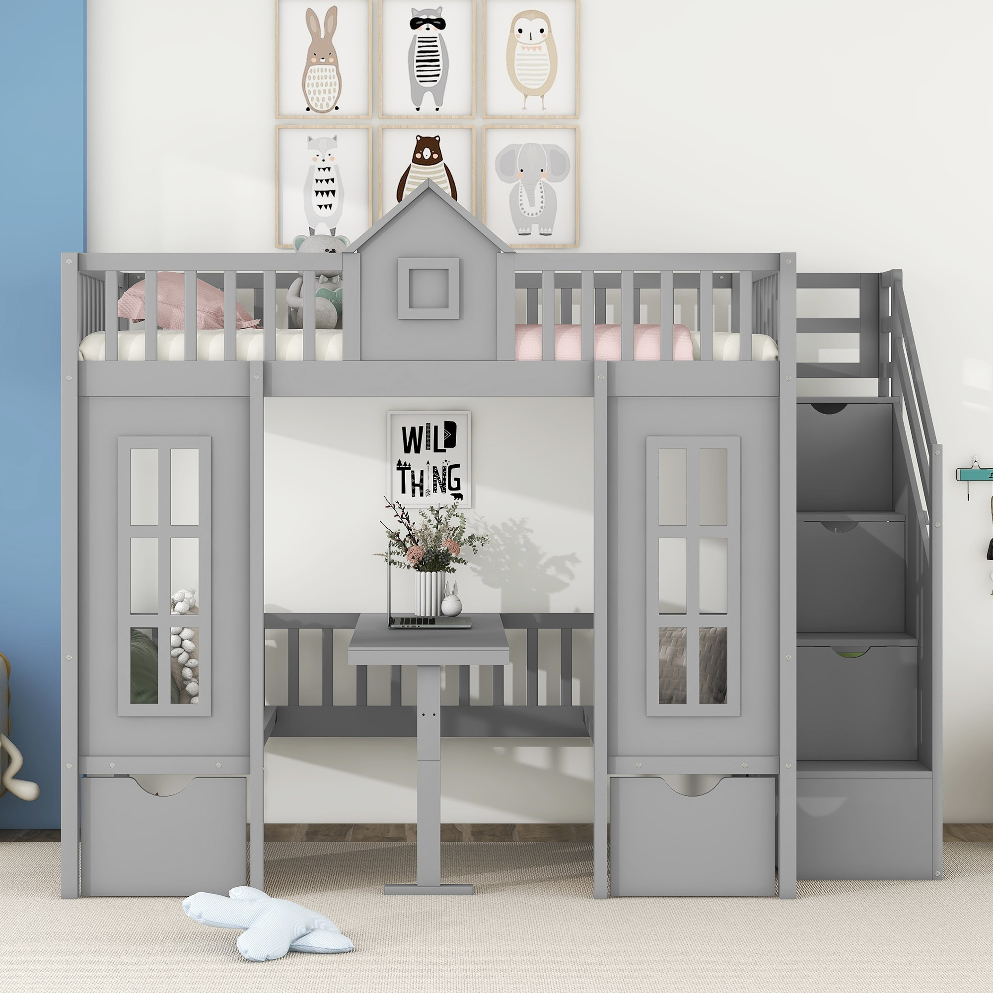 Twin-Over-Twin Bunk Bed with Changeable Table, Bunk Bed Turn into Upper Bed and Down Desk -Gray