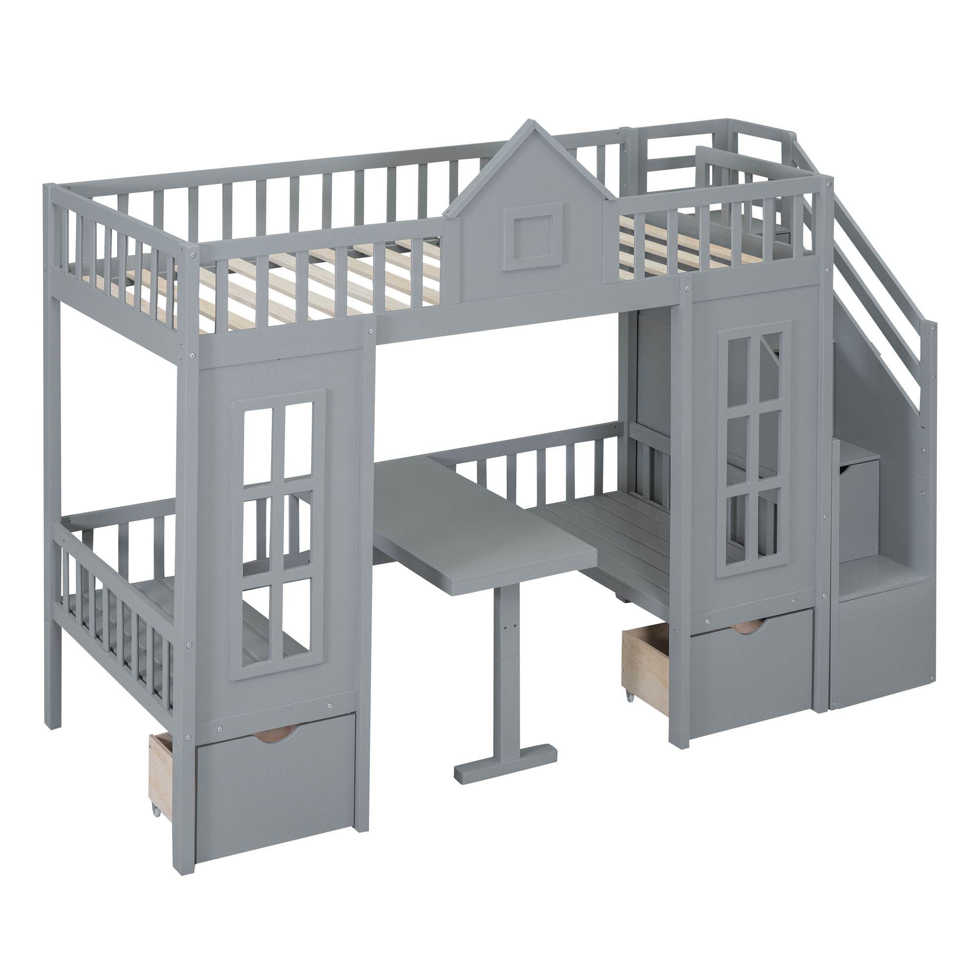 Twin-Over-Twin Bunk Bed with Changeable Table, Bunk Bed Turn into Upper Bed and Down Desk -Gray