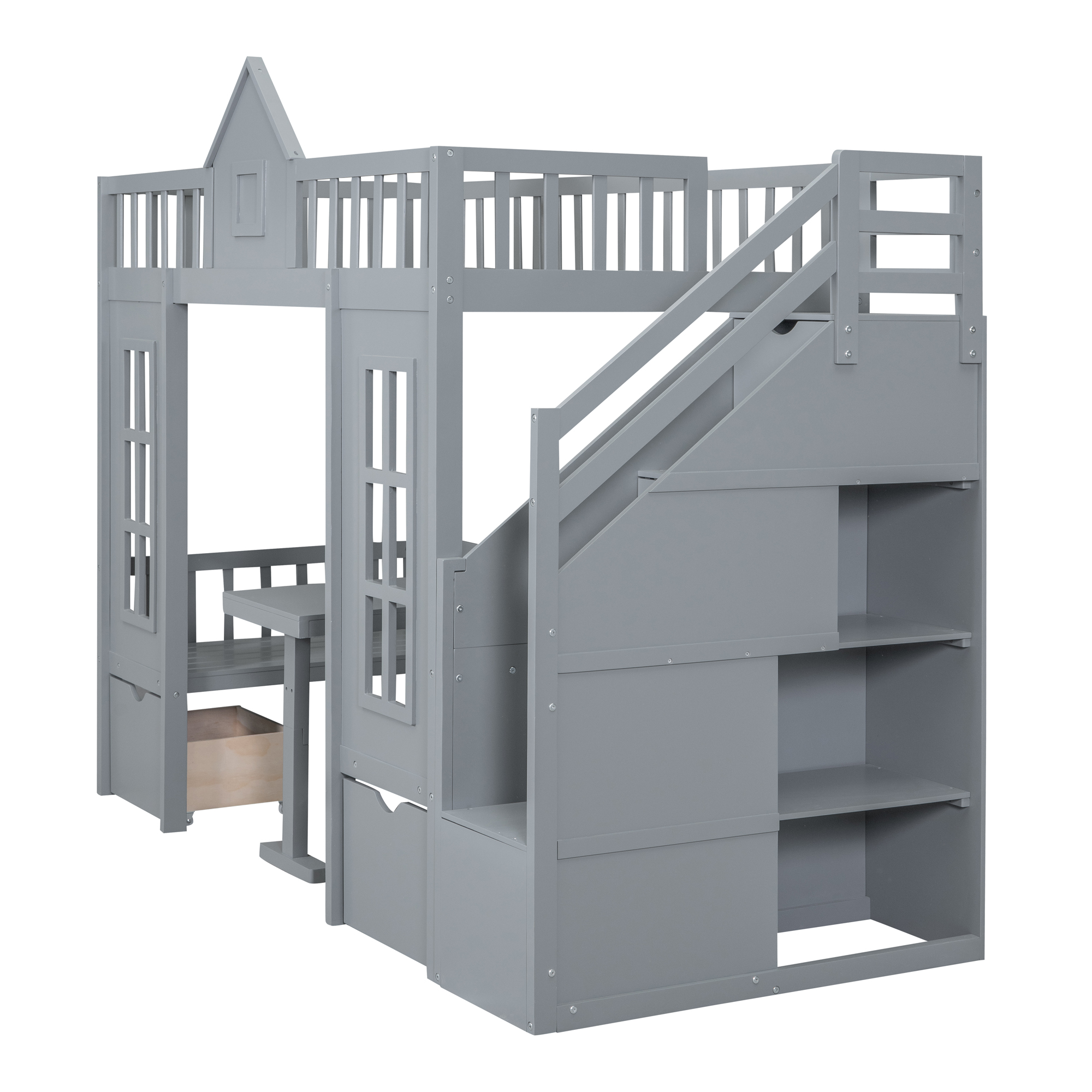 Twin-Over-Twin Bunk Bed with Changeable Table, Bunk Bed Turn into Upper Bed and Down Desk -Gray