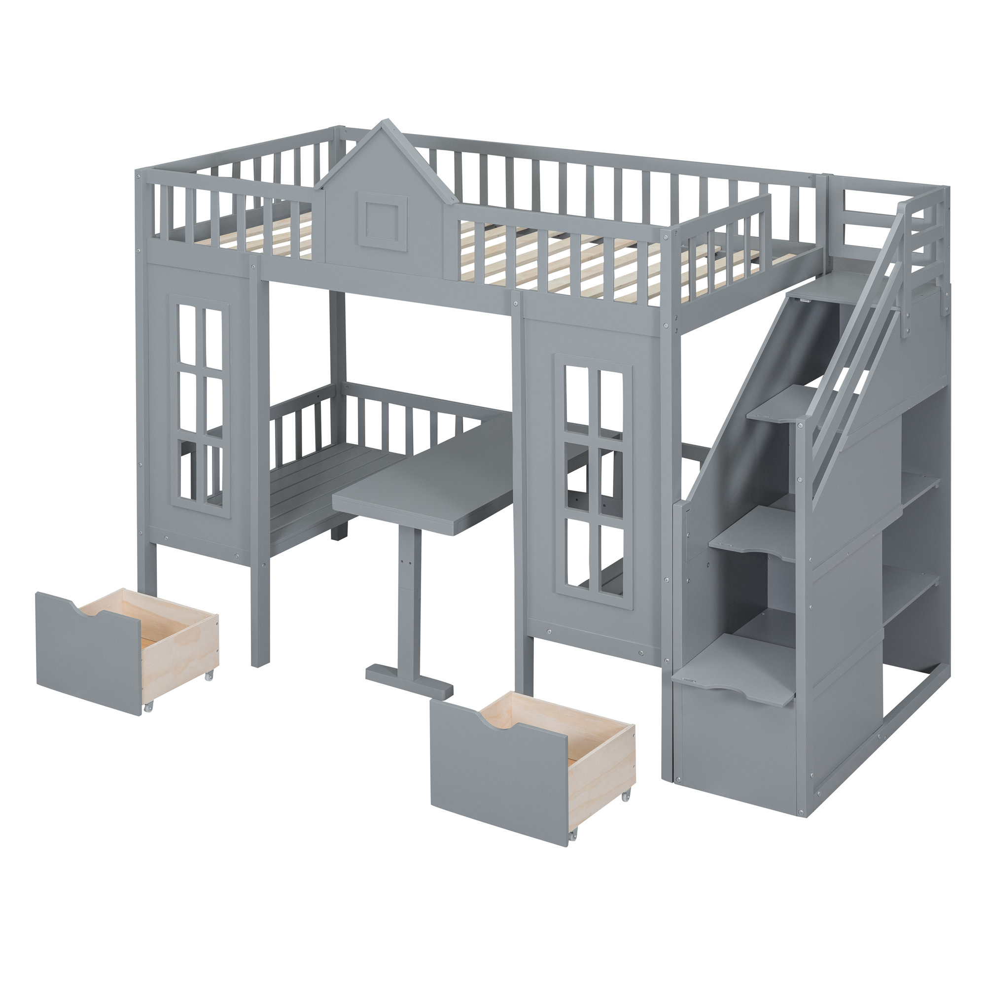 Twin-Over-Twin Bunk Bed with Changeable Table, Bunk Bed Turn into Upper Bed and Down Desk -Gray