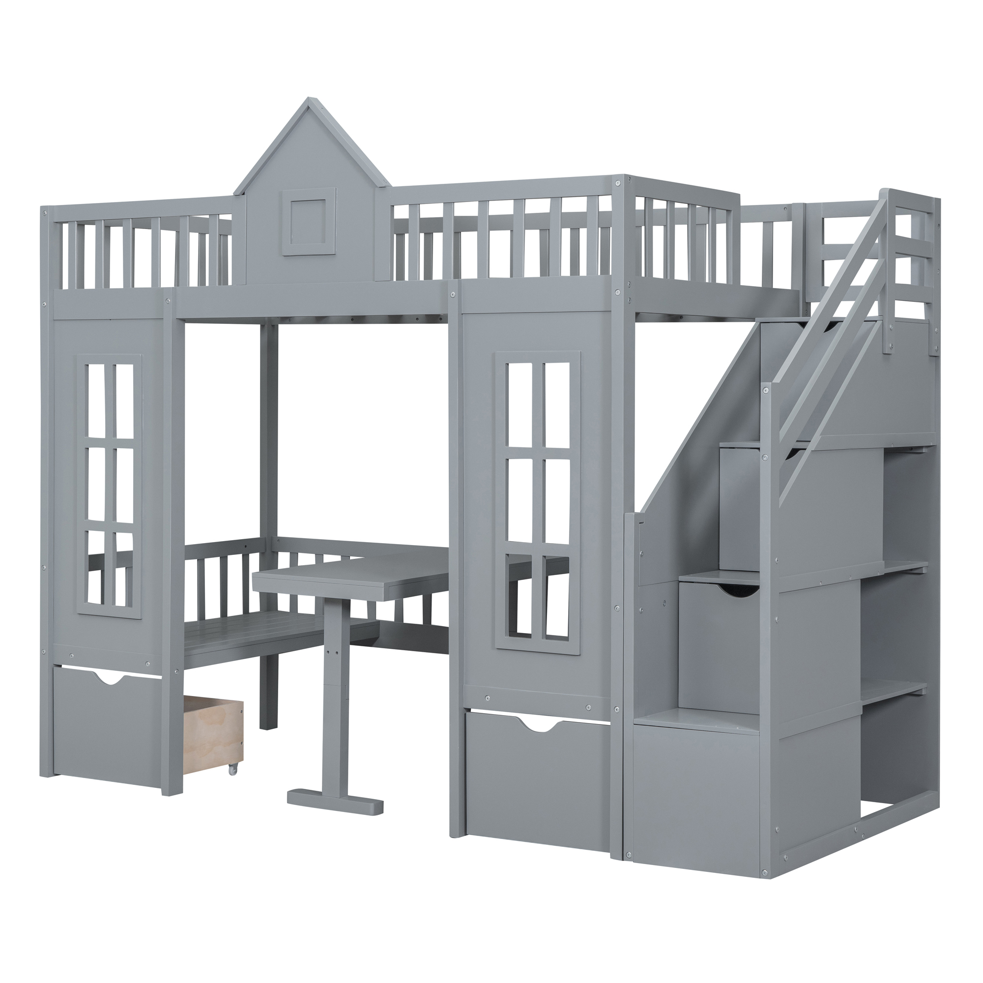 Twin-Over-Twin Bunk Bed with Changeable Table, Bunk Bed Turn into Upper Bed and Down Desk -Gray