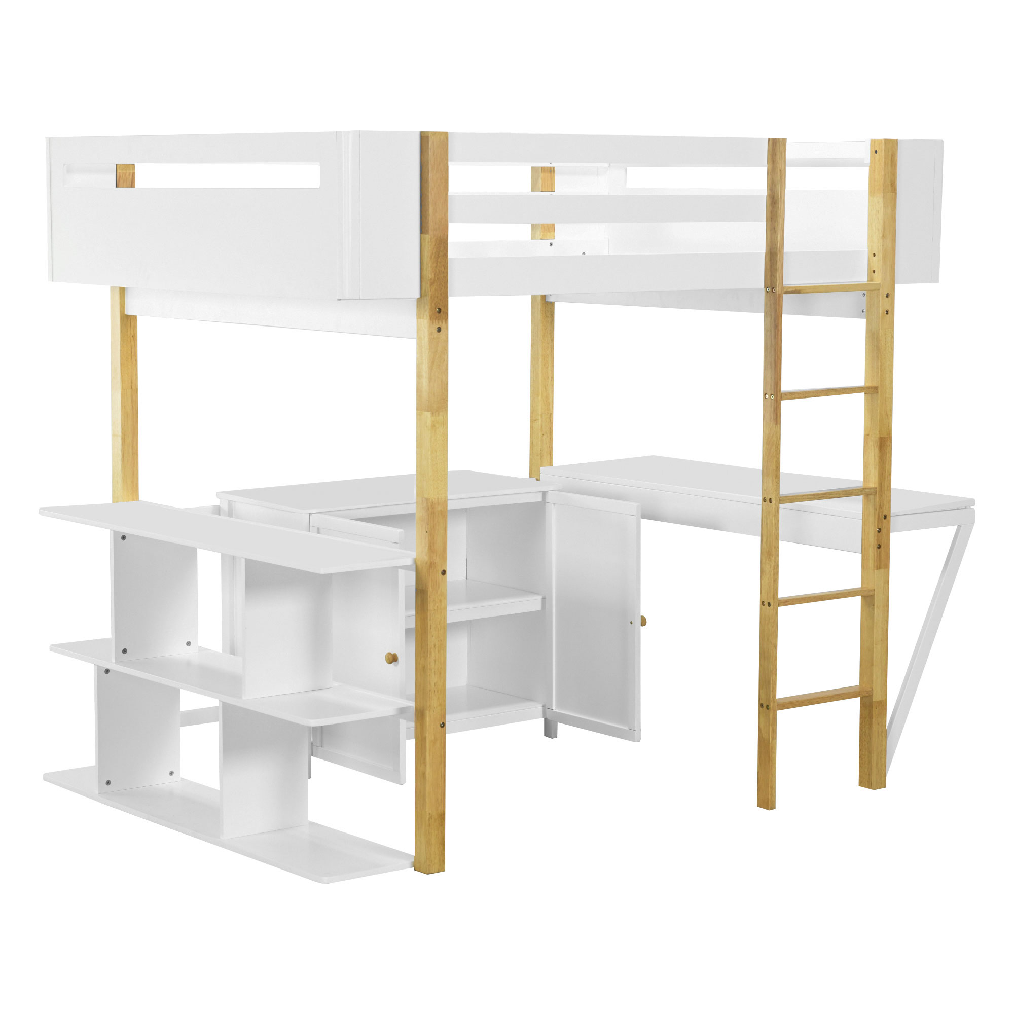 Full Size Wood Loft Bed With Built-in Storage Cabinet and Cubes, Foldable desk, White