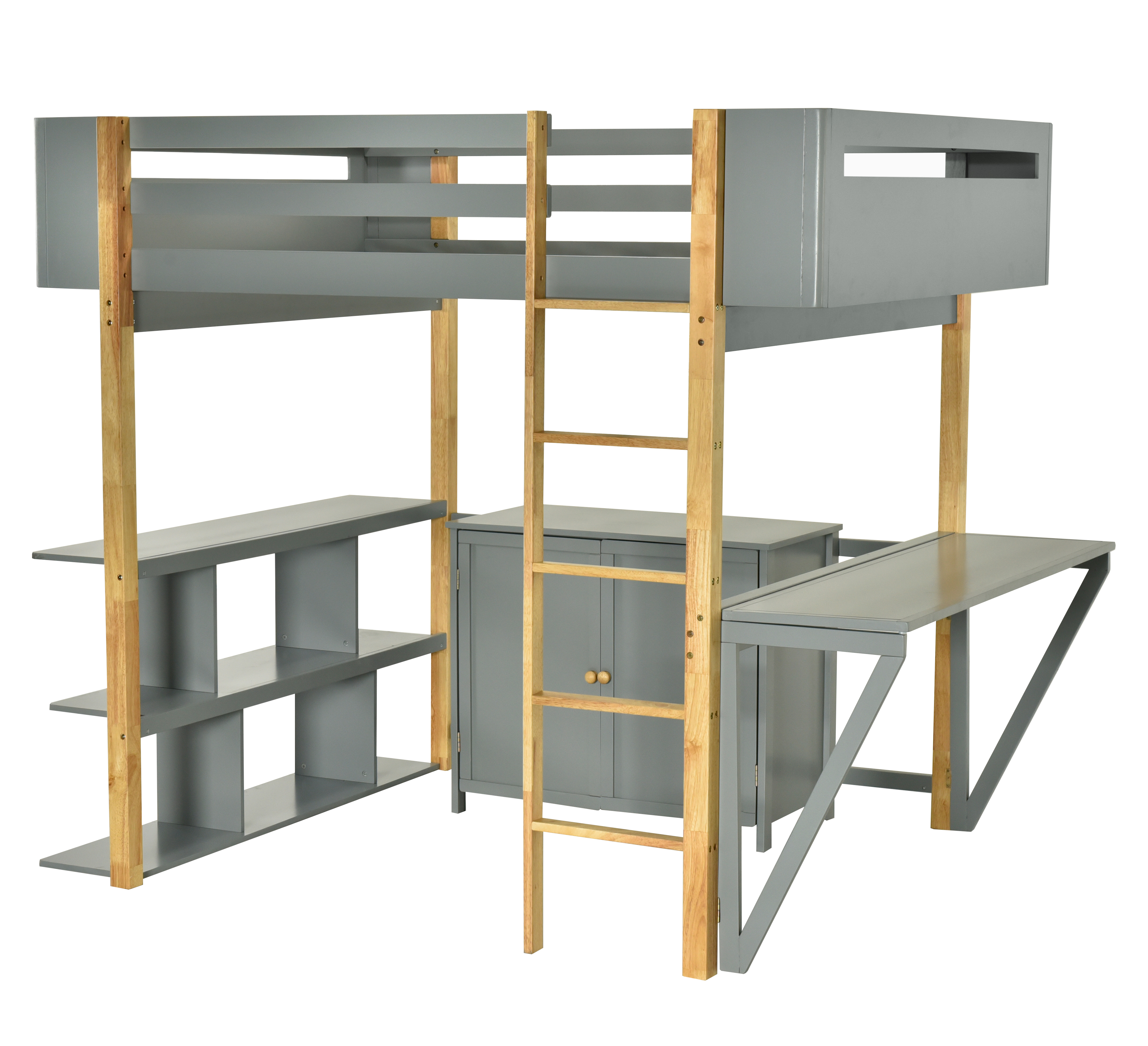 Full Size Wood Loft Bed With Built-in Storage Cabinet and Cubes, Foldable desk, Gray