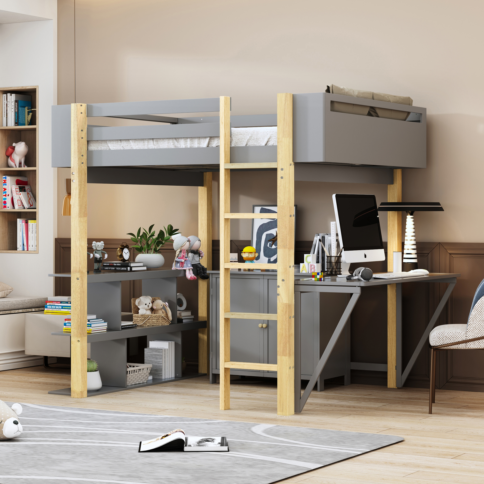 Full Size Wood Loft Bed With Built-in Storage Cabinet and Cubes, Foldable desk, Gray