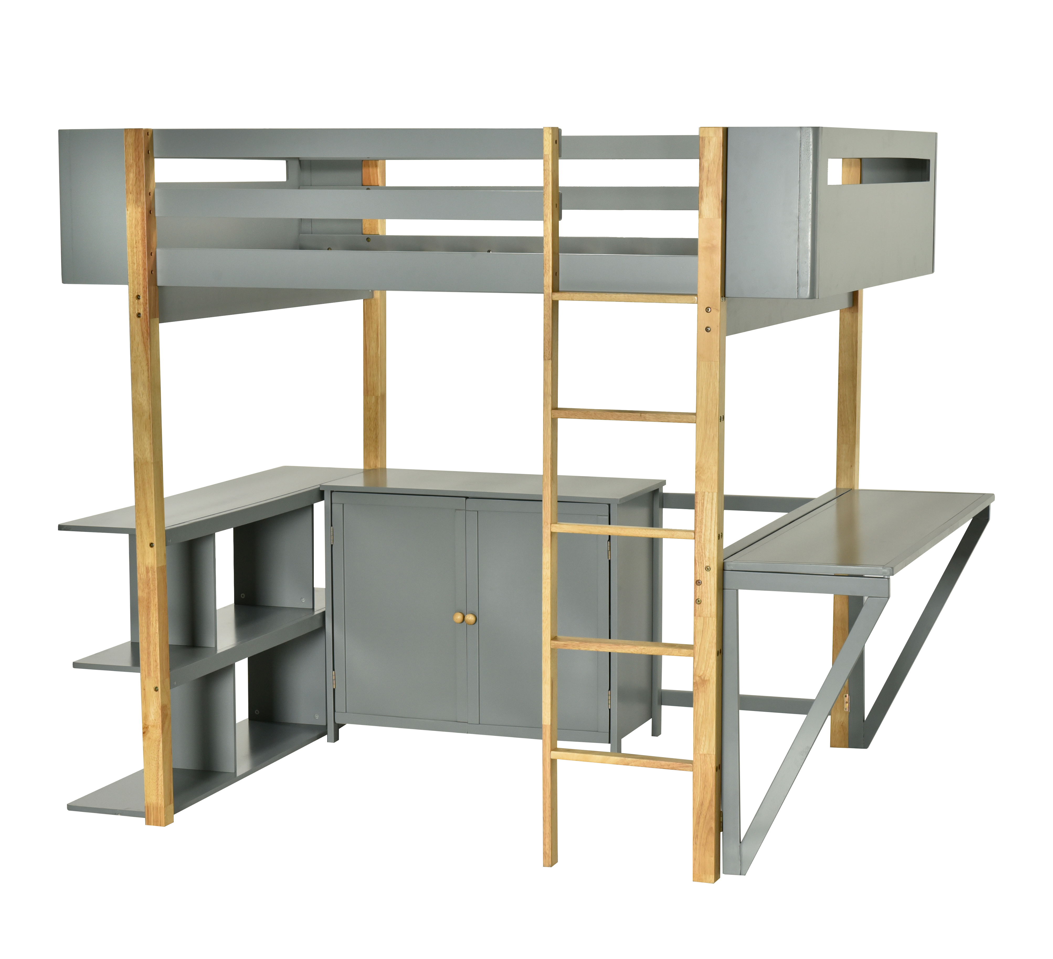 Full Size Wood Loft Bed With Built-in Storage Cabinet and Cubes, Foldable desk, Gray