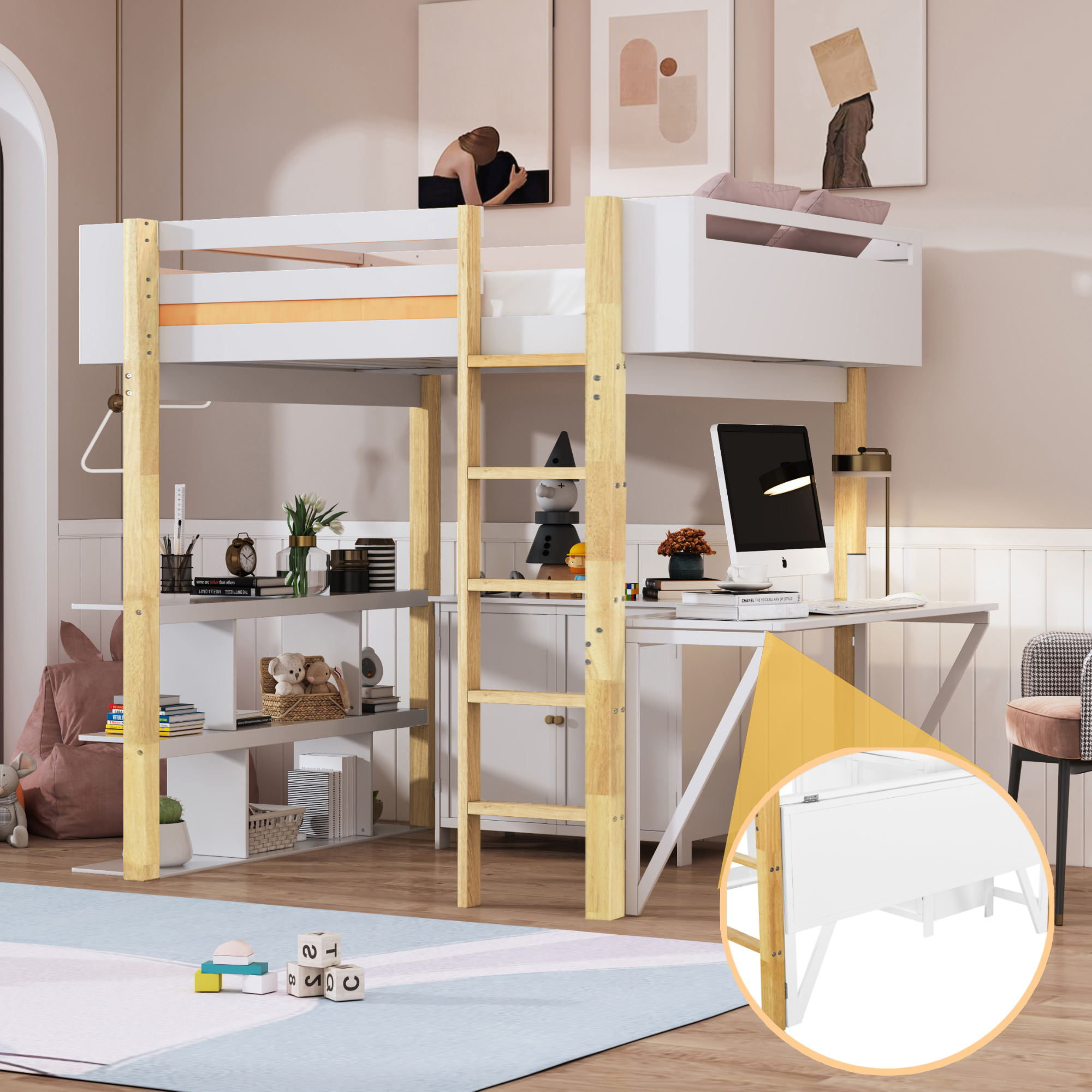 Full Size Wood Loft Bed With Built-in Storage Cabinet and Cubes, Foldable desk, White