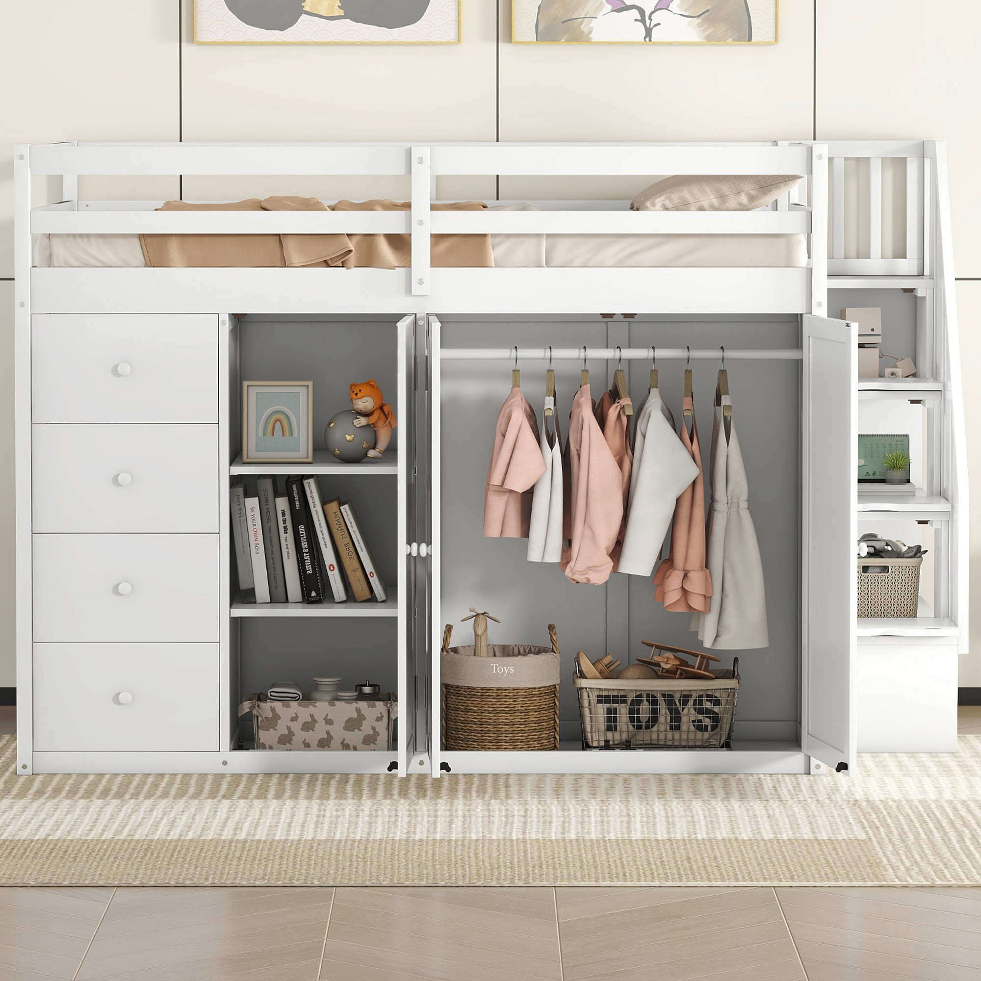 Full Size Wood Loft Bed With Built-in Wardrobes, Cabinets and Drawers, White