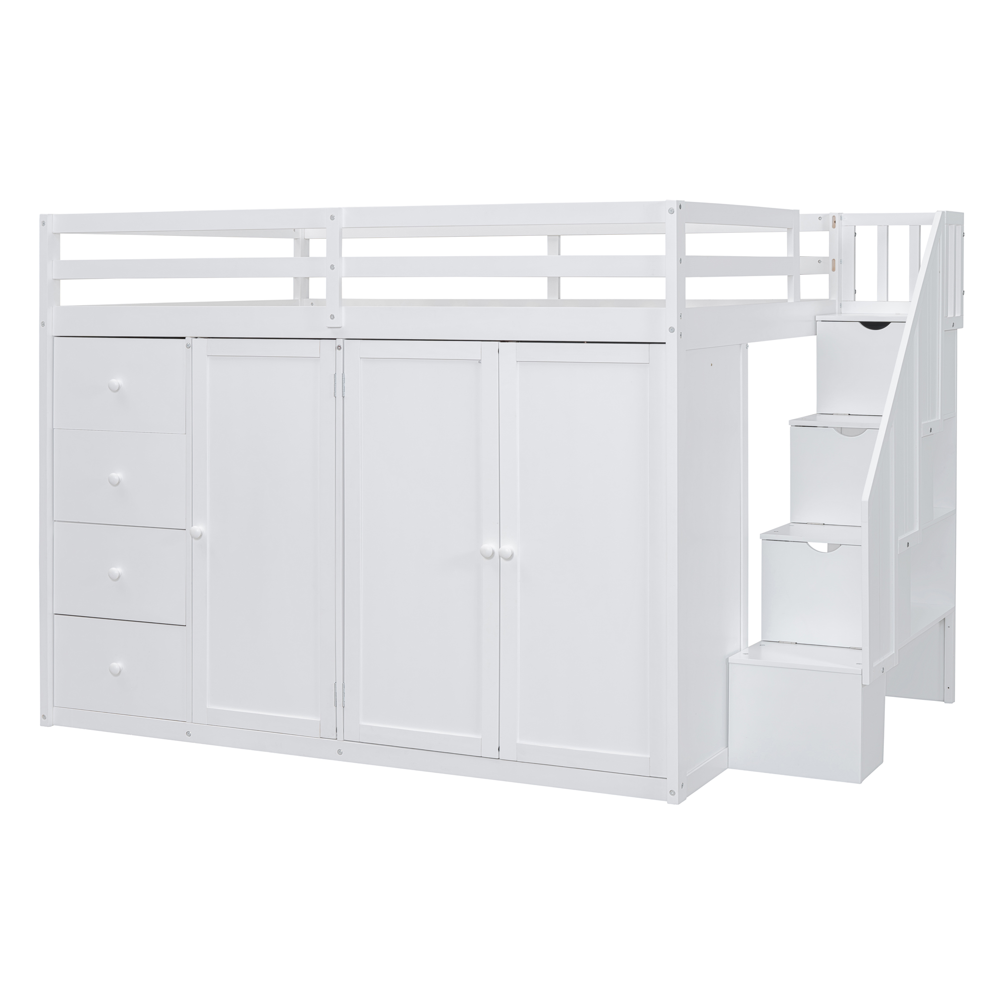 Full Size Wood Loft Bed With Built-in Wardrobes, Cabinets and Drawers, White