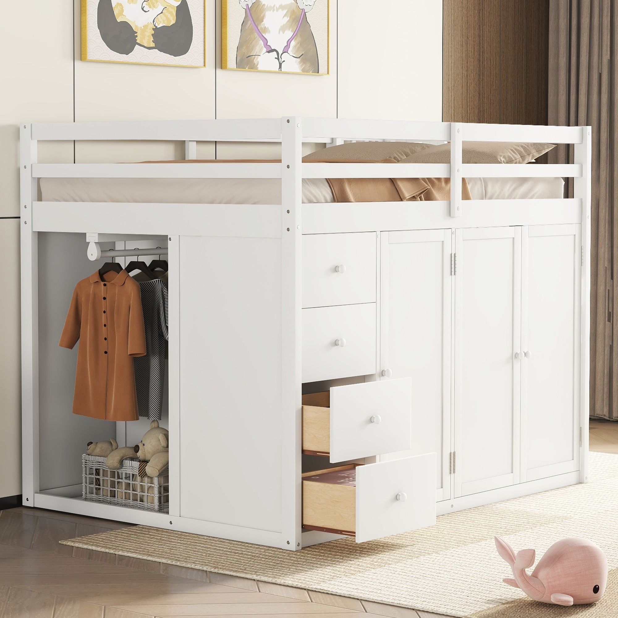 Full Size Wood Loft Bed With Built-in Wardrobes, Cabinets and Drawers, White