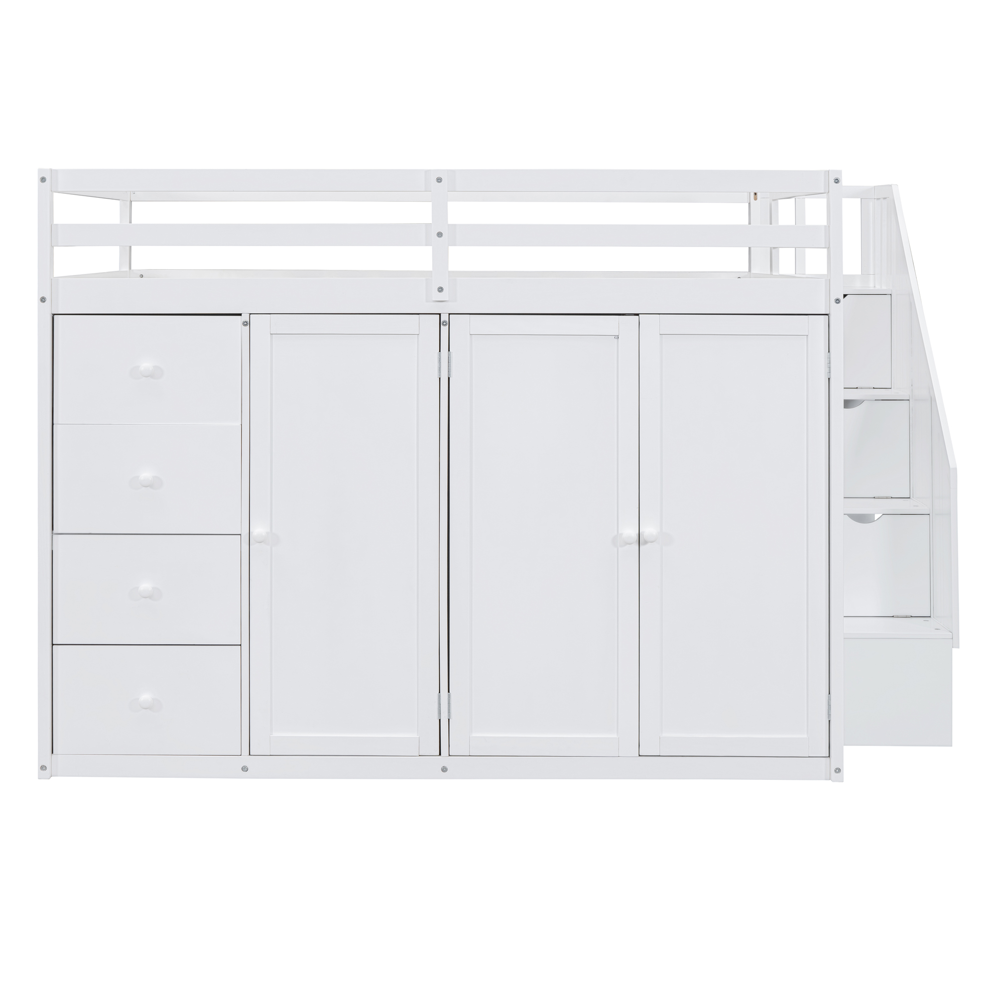 Full Size Wood Loft Bed With Built-in Wardrobes, Cabinets and Drawers, White