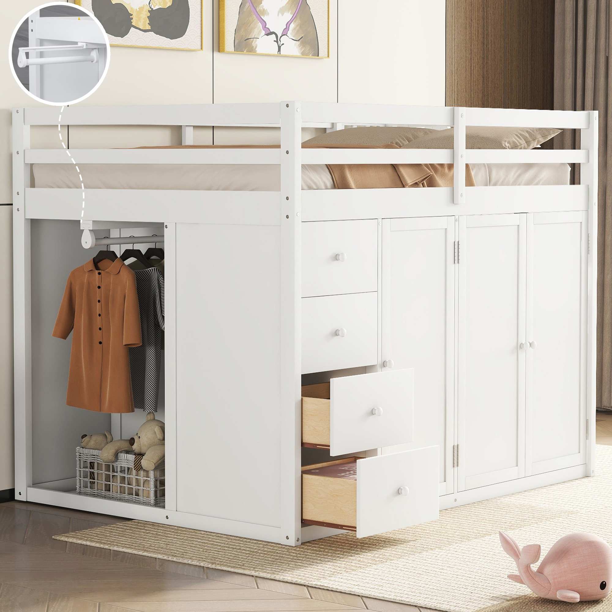 Full Size Wood Loft Bed With Built-in Wardrobes, Cabinets and Drawers, White