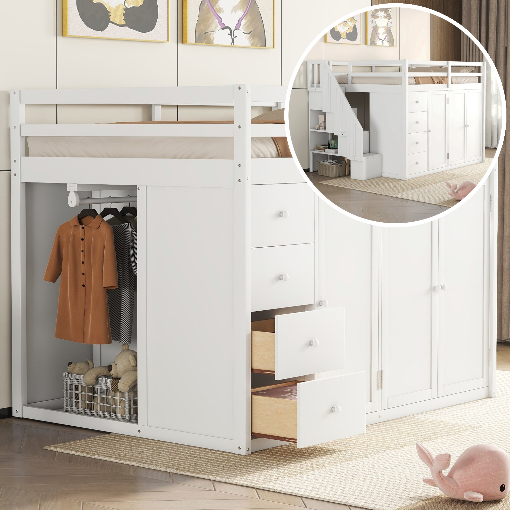 Full Size Wood Loft Bed With Built-in Wardrobes, Cabinets and Drawers, White