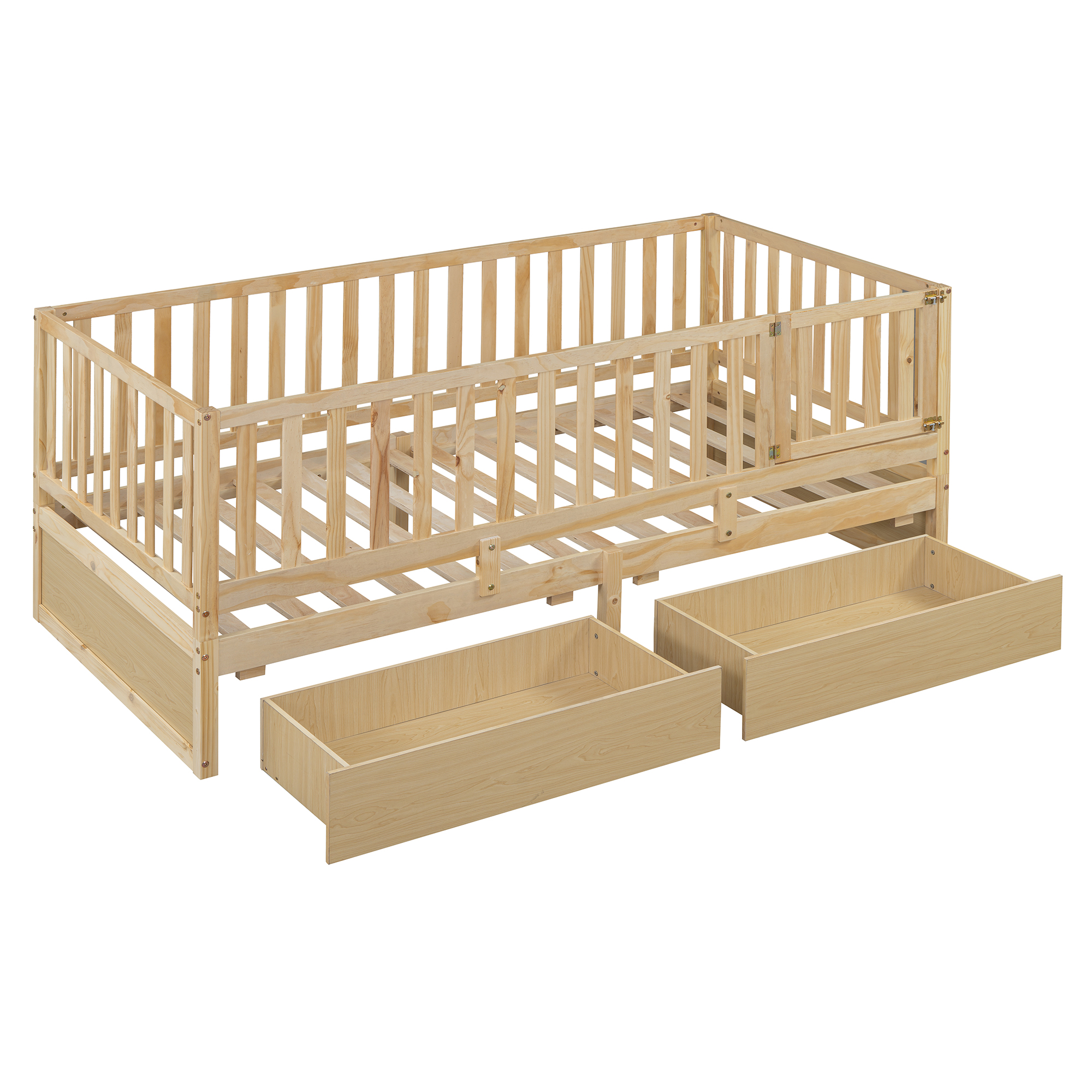 Twin Size Wood Daybed with Fence Guardrails and 2 Drawers, Split into Independent Floor Bed & Daybed, Natural(OLD SKU :LP000881AAN)