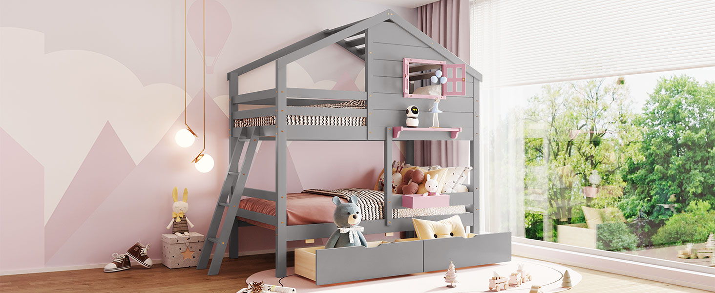 Twin over Twin Bunk Bed with 2 Drawers, 1 Storage Box, 1 Shelf, Window and Roof-Gray(OLD SKU:LT001608AAE)