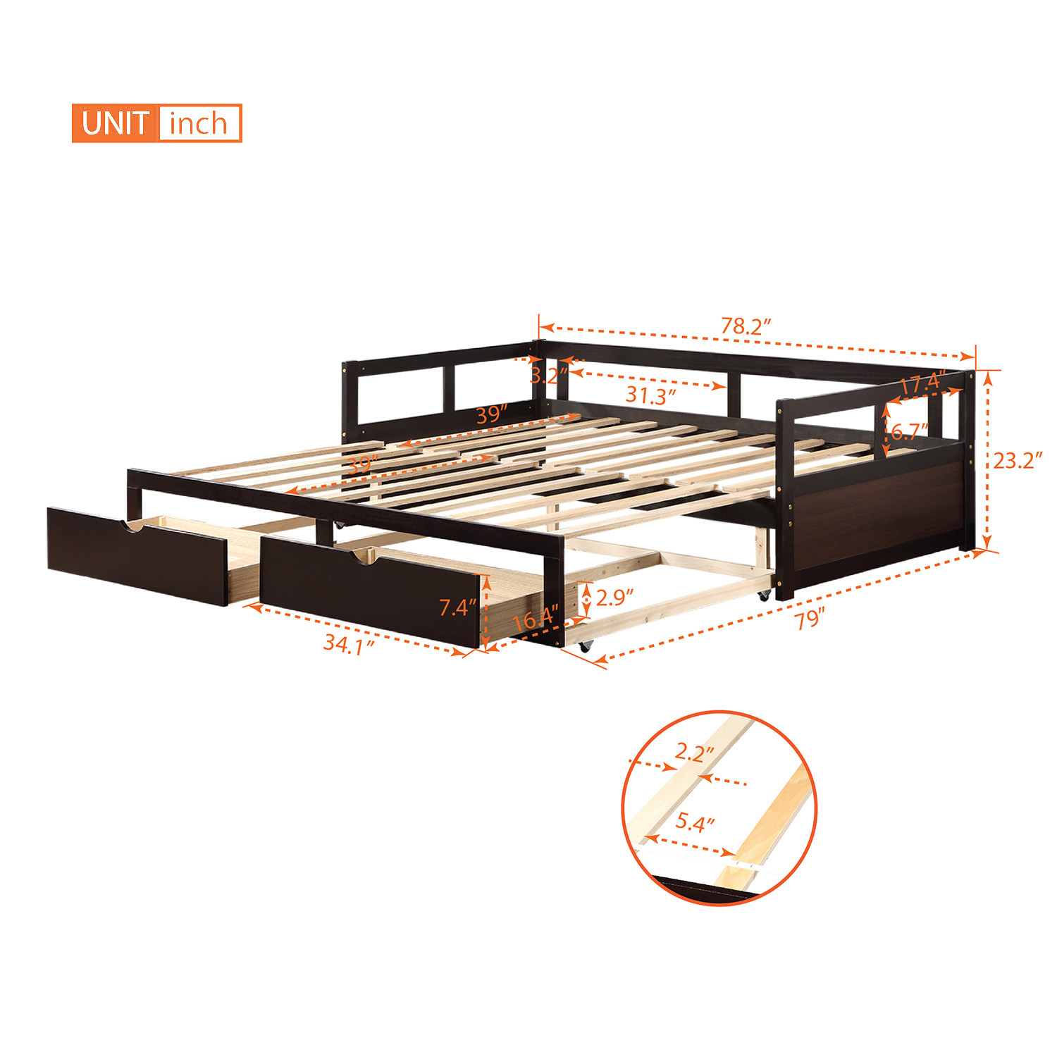 Wooden Daybed with Trundle Bed and Two Storage Drawers , Extendable Bed Daybed,Sofa Bed for Bedroom Living Room,Espresso