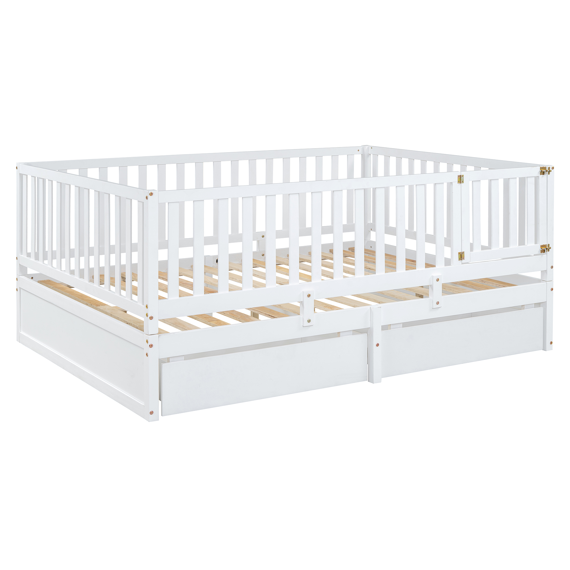 Full Size Wood Daybed with Fence Guardrails and 2 Drawers, Split into Independent Floor Bed & Daybed, White(OLD SKU :LP000882AAK)