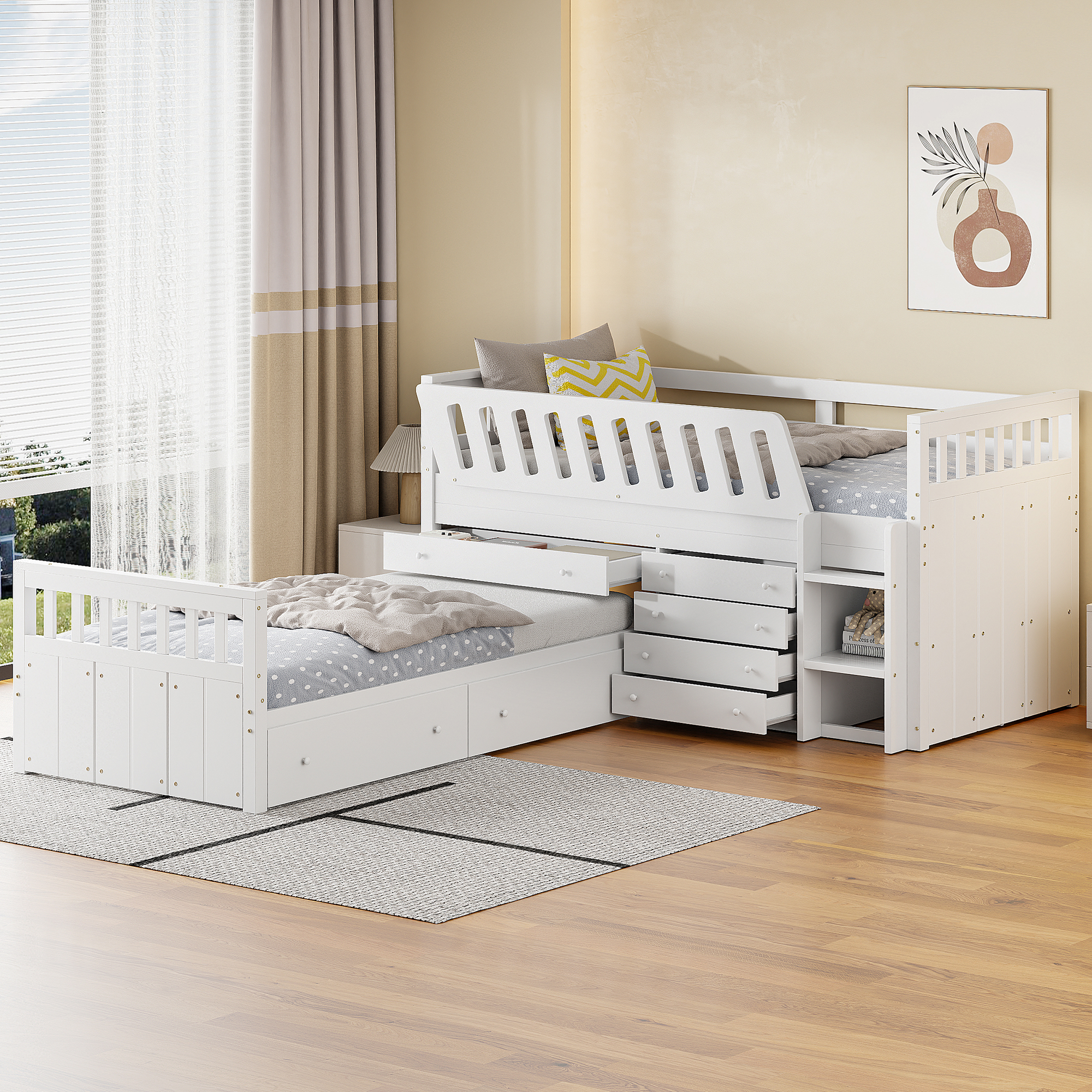 L-shaped  Space-Saving Twin Loft and  Twin  Platform Bed with 7 Drawers and Full Guardrails(WHITE)