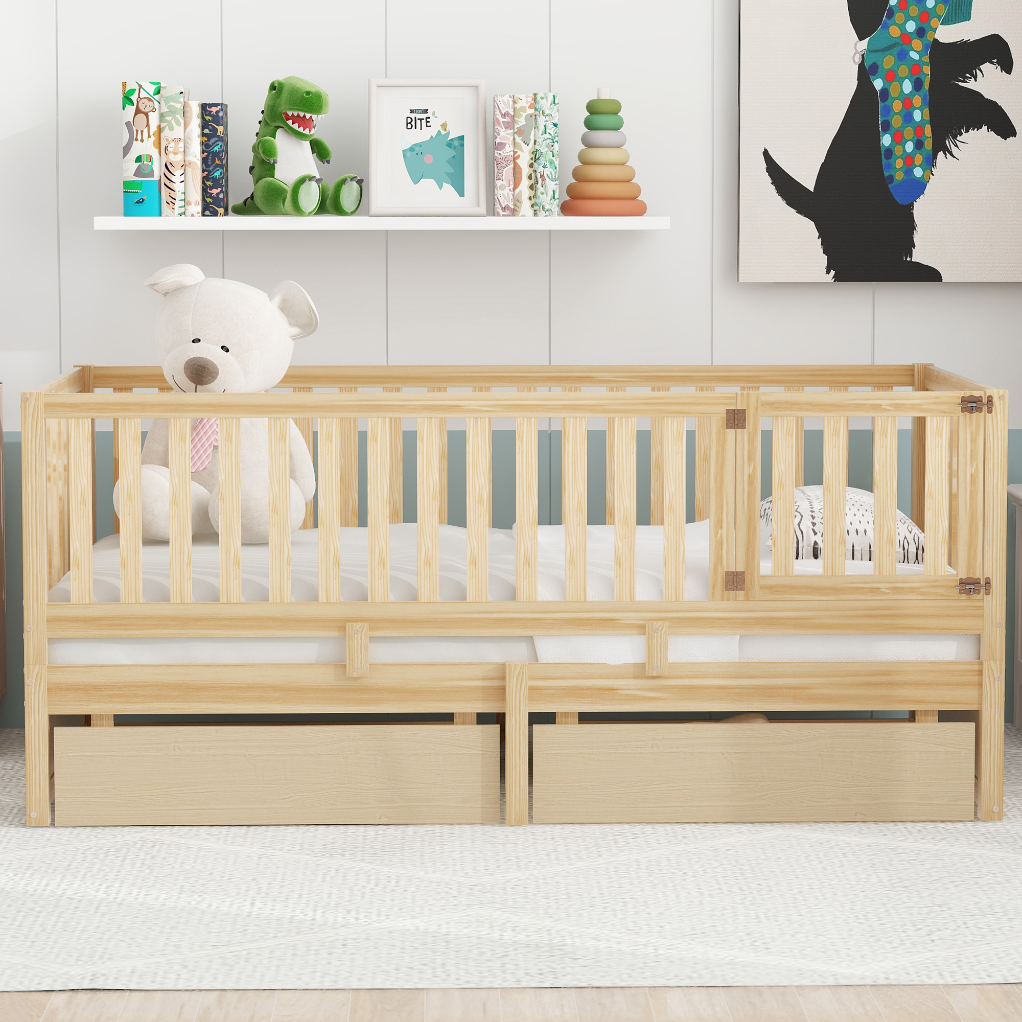 Twin Size Wood Daybed with Fence Guardrails and 2 Drawers, Split into Independent Floor Bed & Daybed, Natural(OLD SKU :LP000881AAN)