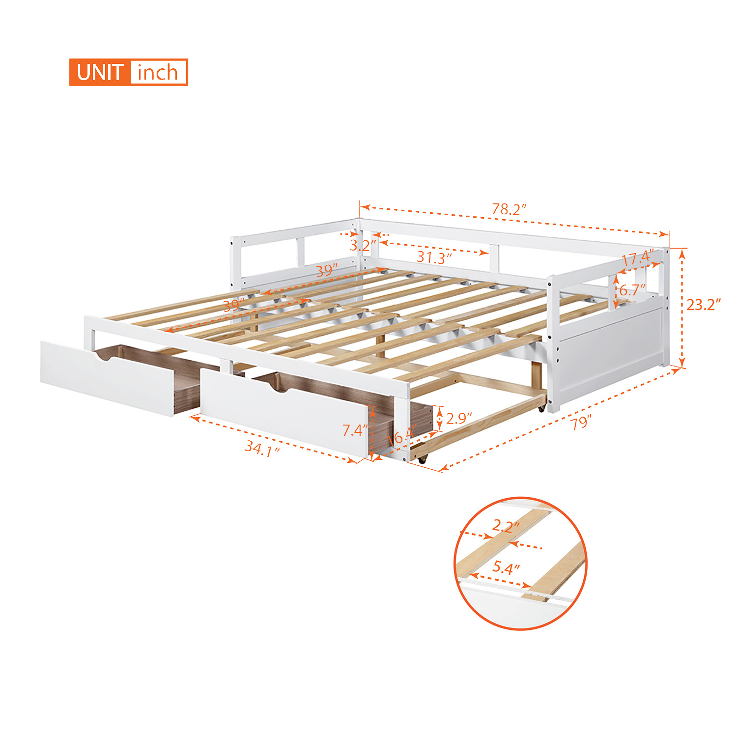 Wooden Daybed with Trundle Bed and Two Storage Drawers , Extendable Bed Daybed,Sofa Bed for Bedroom Living Room,White