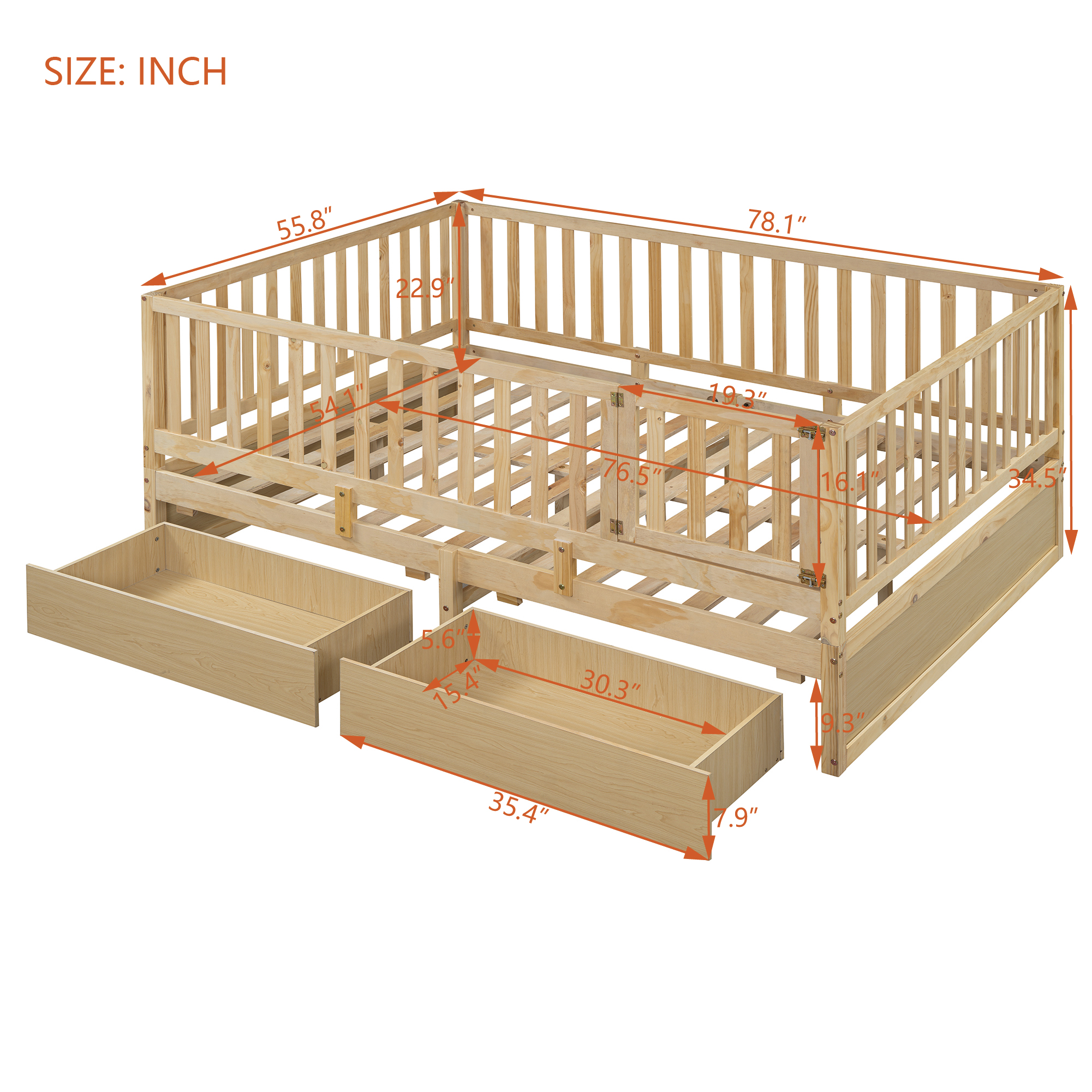 Full Size Wood Daybed with Fence Guardrails and 2 Drawers, Split into Independent Floor Bed & Daybed, Natural(OLD SKU :LP000882AAN)