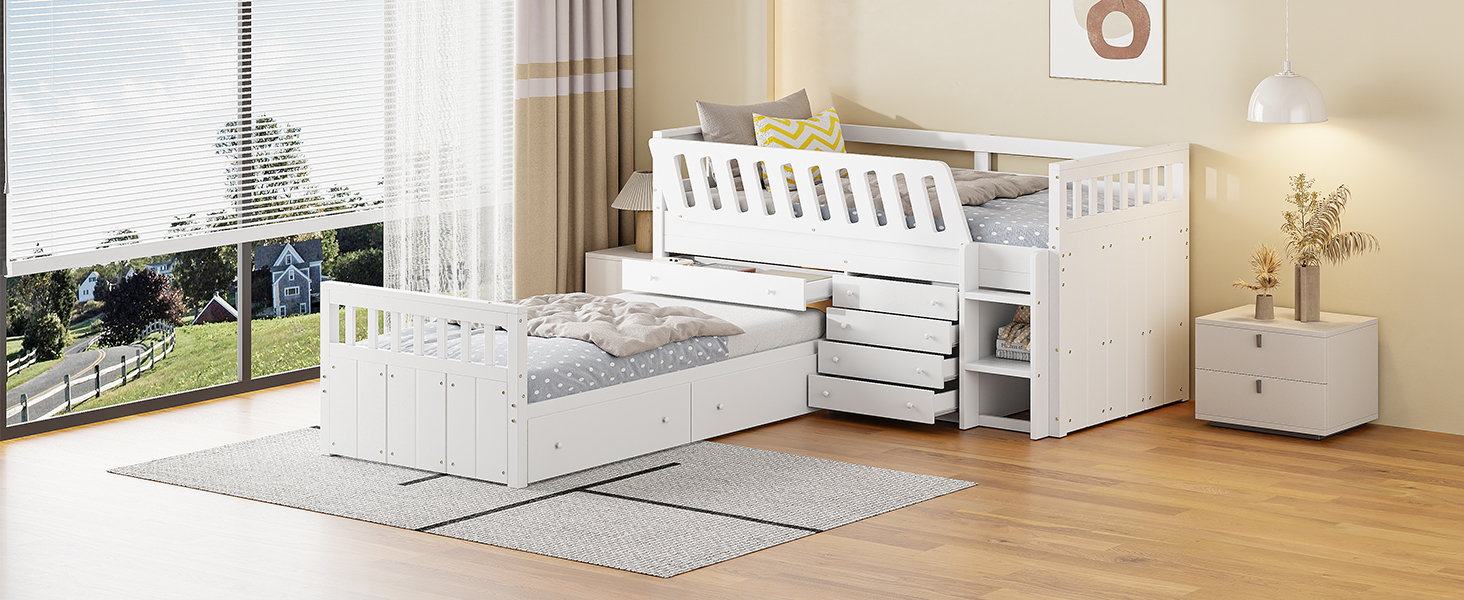 L-shaped  Space-Saving Twin Loft and  Twin  Platform Bed with 7 Drawers and Full Guardrails(WHITE)