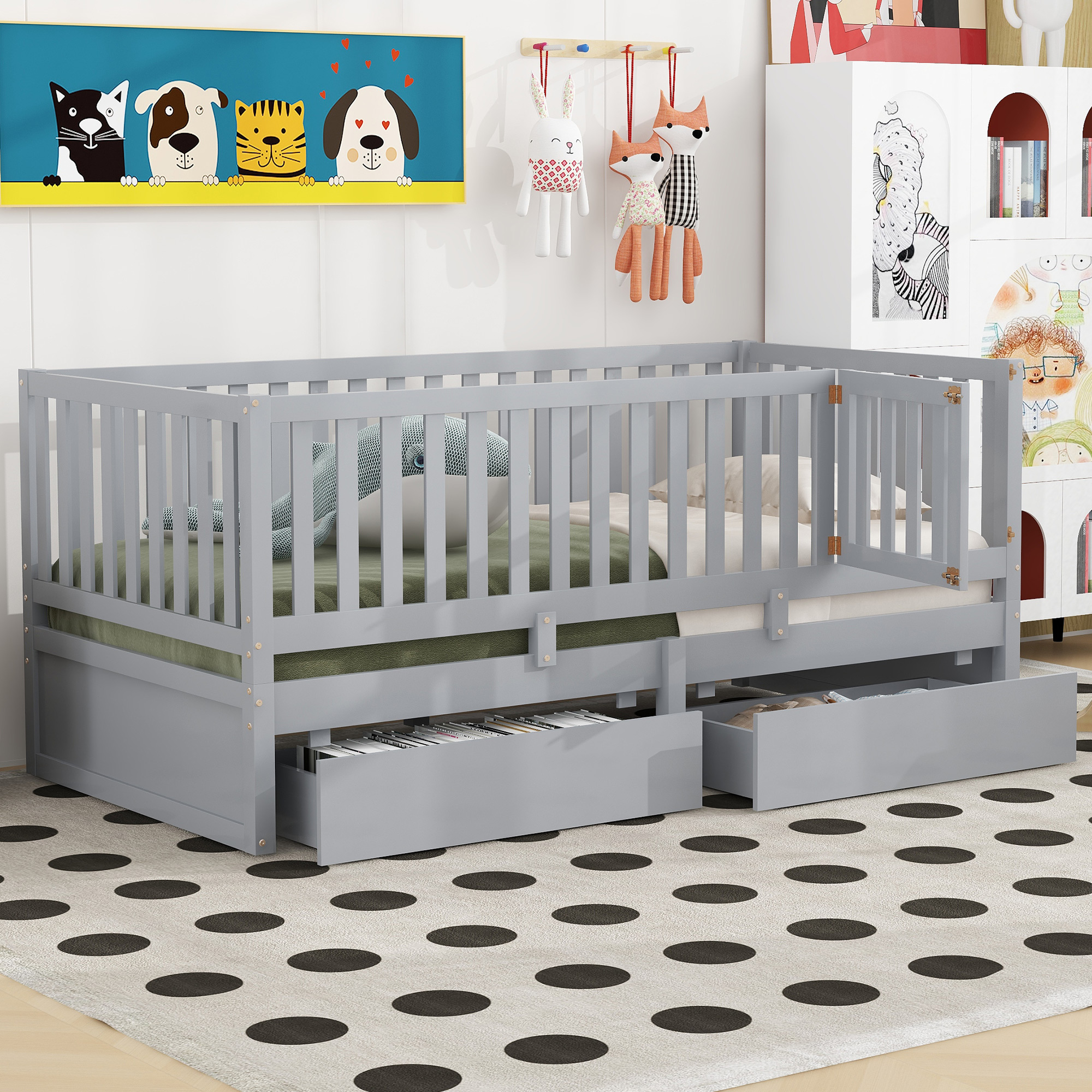 Twin Size Wood Daybed with Fence Guardrails and 2 Drawers, Split into Independent Floor Bed & Daybed, Gray(OLD SKU :LP000881AAE)