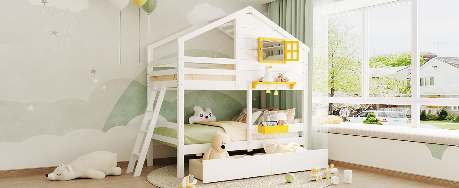 Twin over Twin Bunk Bed with 2 Drawers, 1 Storage Box, 1 Shelf, Window and Roof-White(OLD SKU:LT001608AAK)