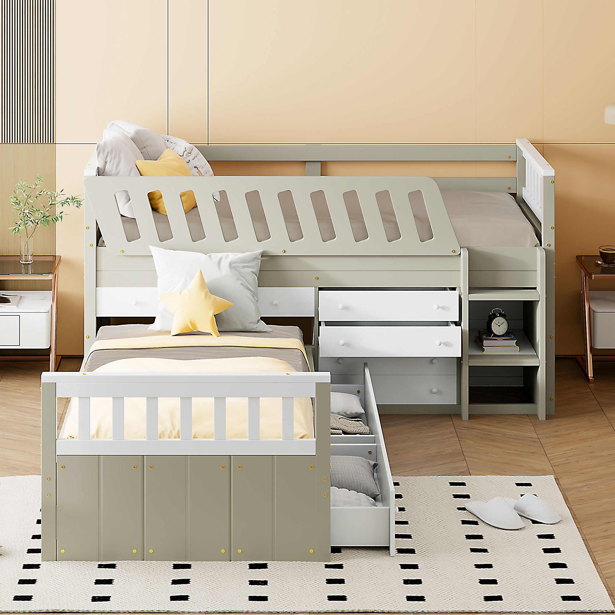 Space-Saving Twin Loft and  Twin  Platform Bed with 7 Drawers and Full Guardrails(WHITE+LIGHT BROWN)