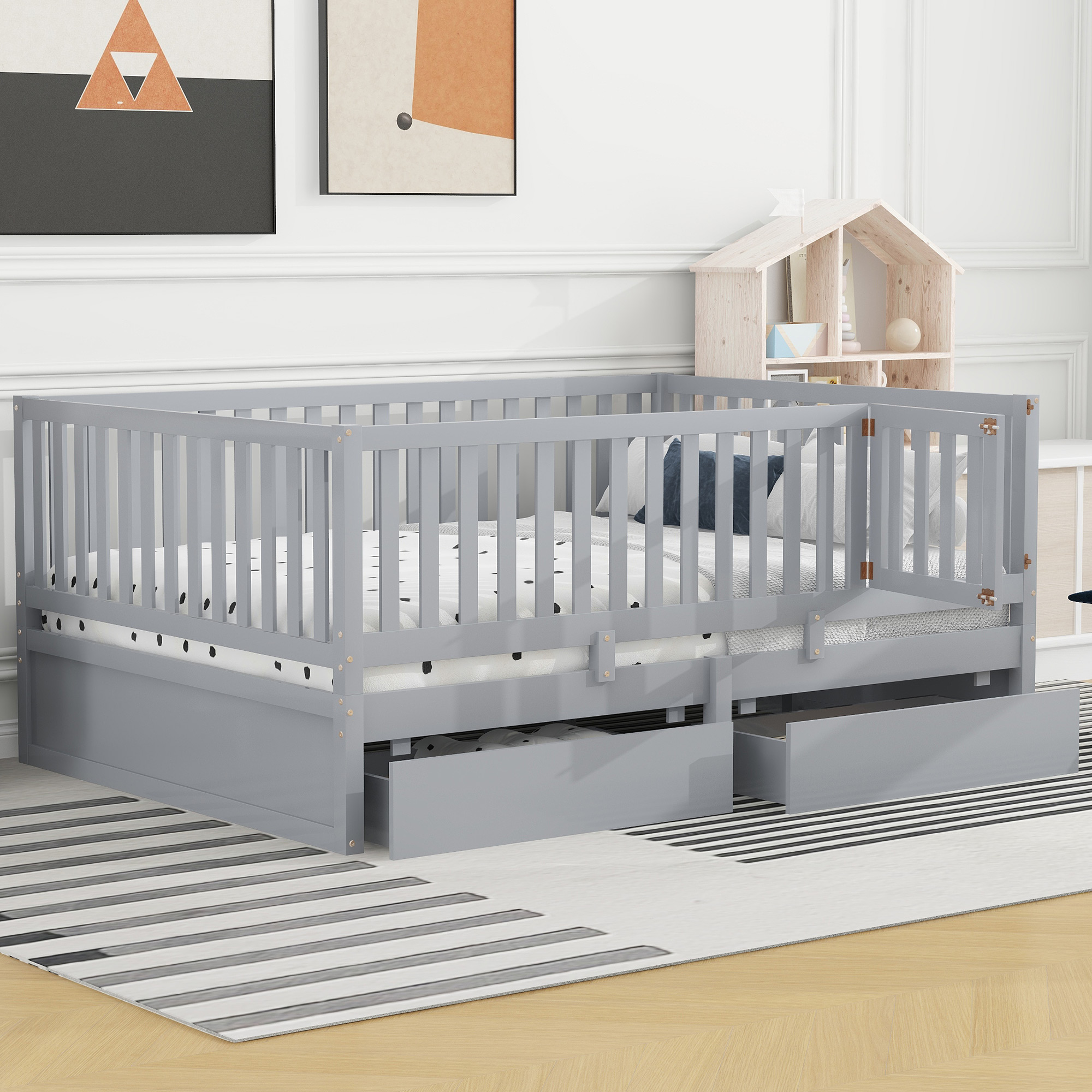 Full Size Wood Daybed with Fence Guardrails and 2 Drawers, Split into Independent Floor Bed & Daybed, Gray(OLD SKU :LP000882AAE)