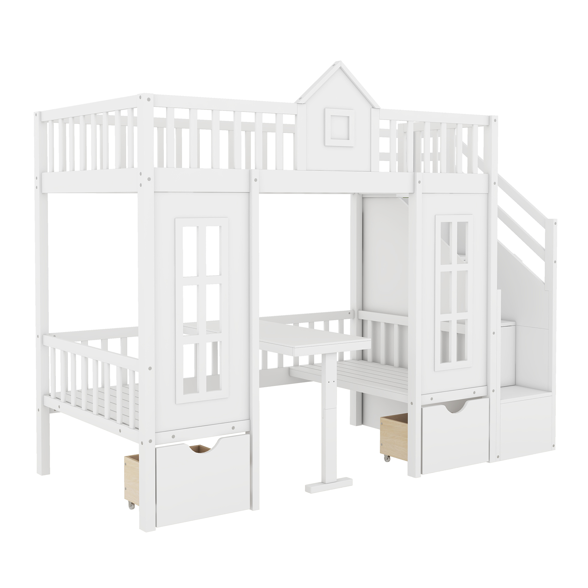 Twin-Over-Twin Bunk Bed with Changeable Table, Bunk Bed Turn into Upper Bed and Down Desk -White