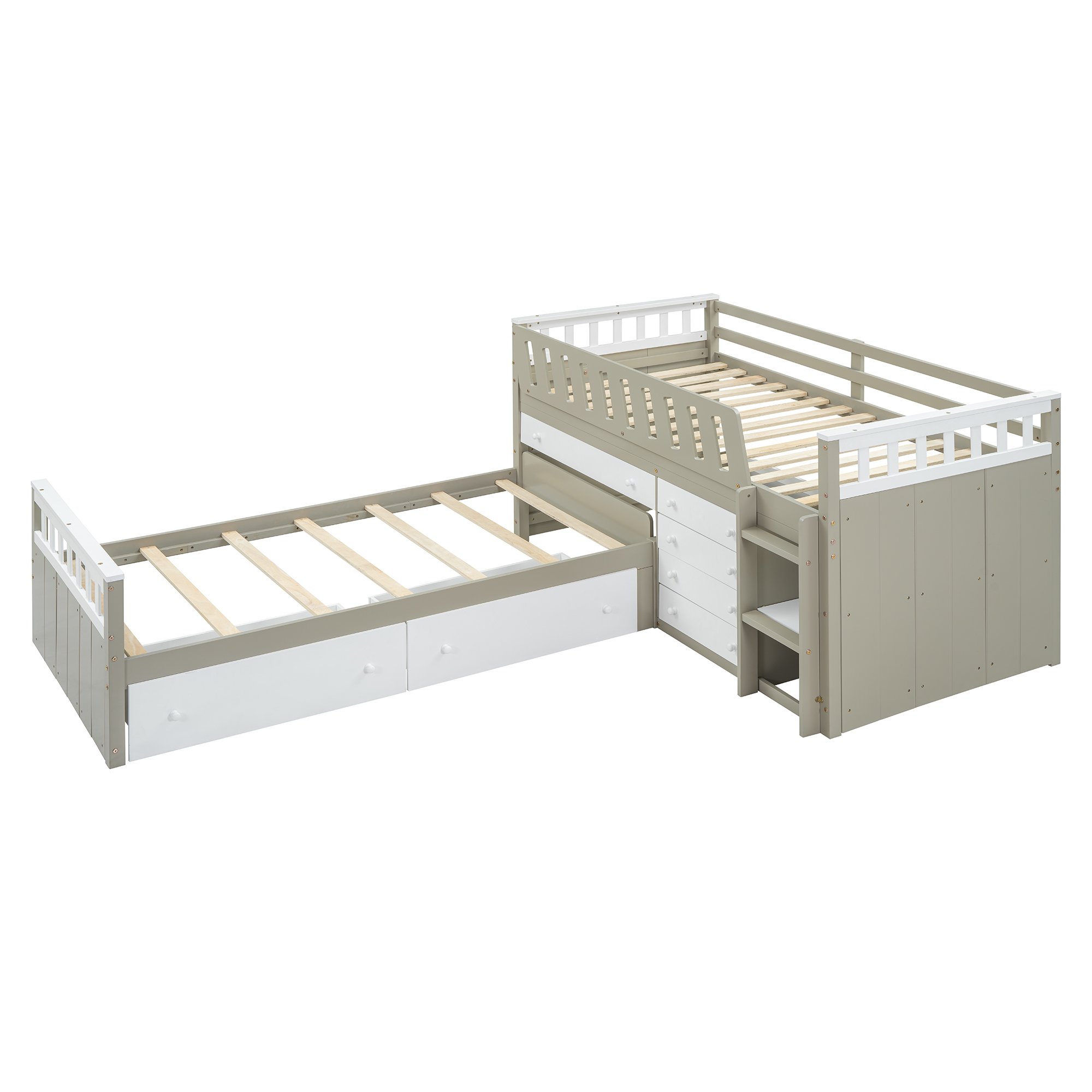 Space-Saving Twin Loft and  Twin  Platform Bed with 7 Drawers and Full Guardrails(WHITE+LIGHT BROWN)