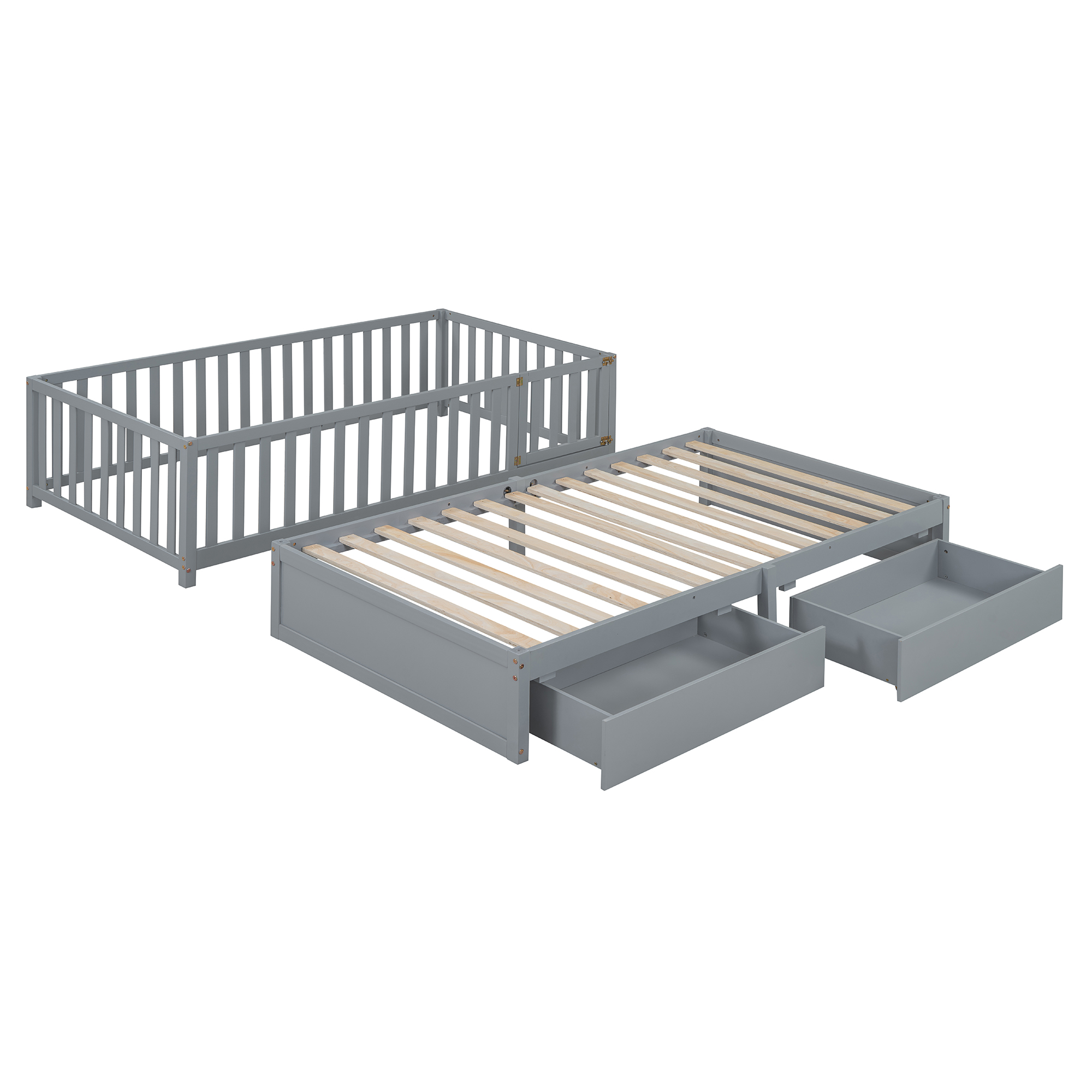 Twin Size Wood Daybed with Fence Guardrails and 2 Drawers, Split into Independent Floor Bed & Daybed, Gray(OLD SKU :LP000881AAE)