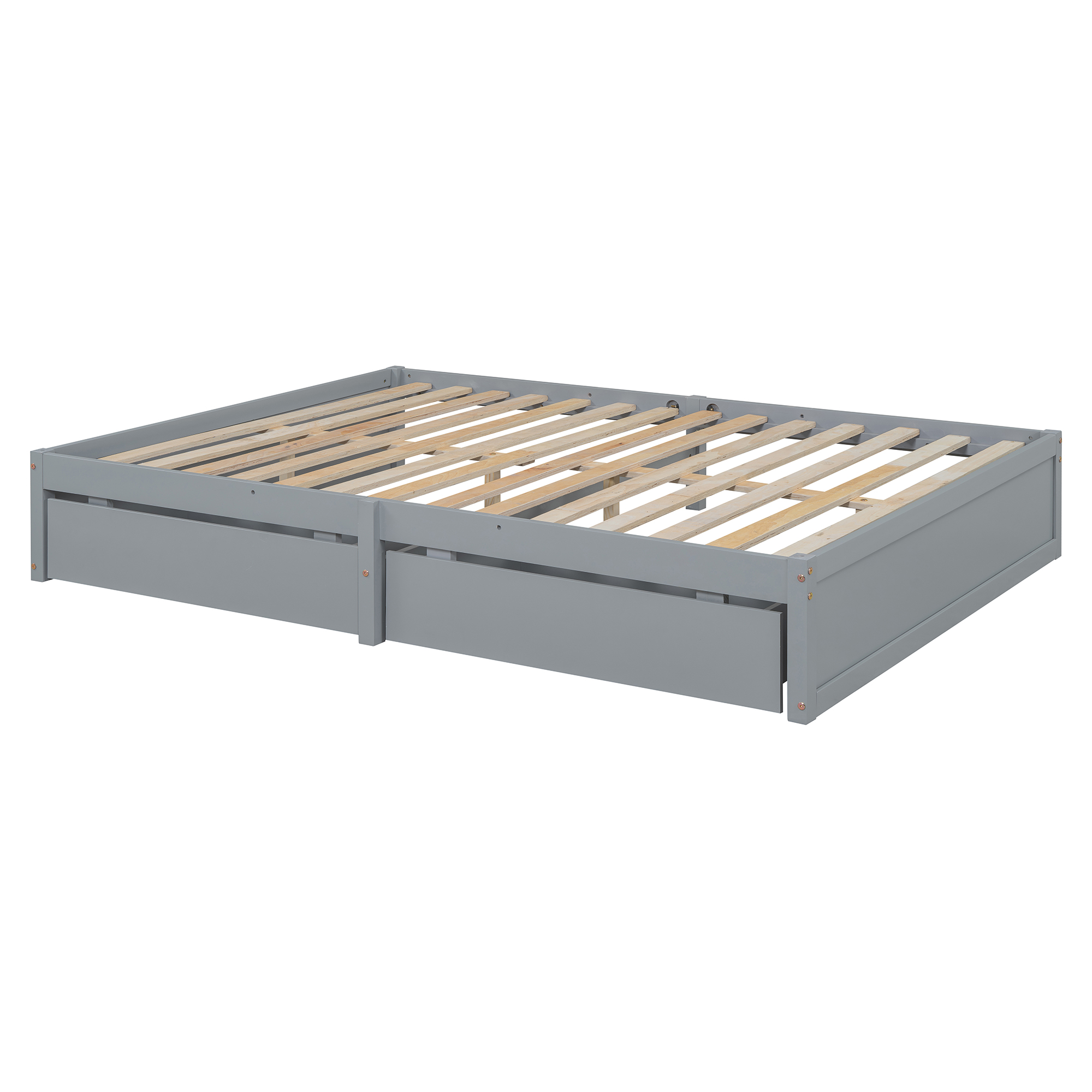 Full Size Wood Daybed with Fence Guardrails and 2 Drawers, Split into Independent Floor Bed & Daybed, Gray(OLD SKU :LP000882AAE)