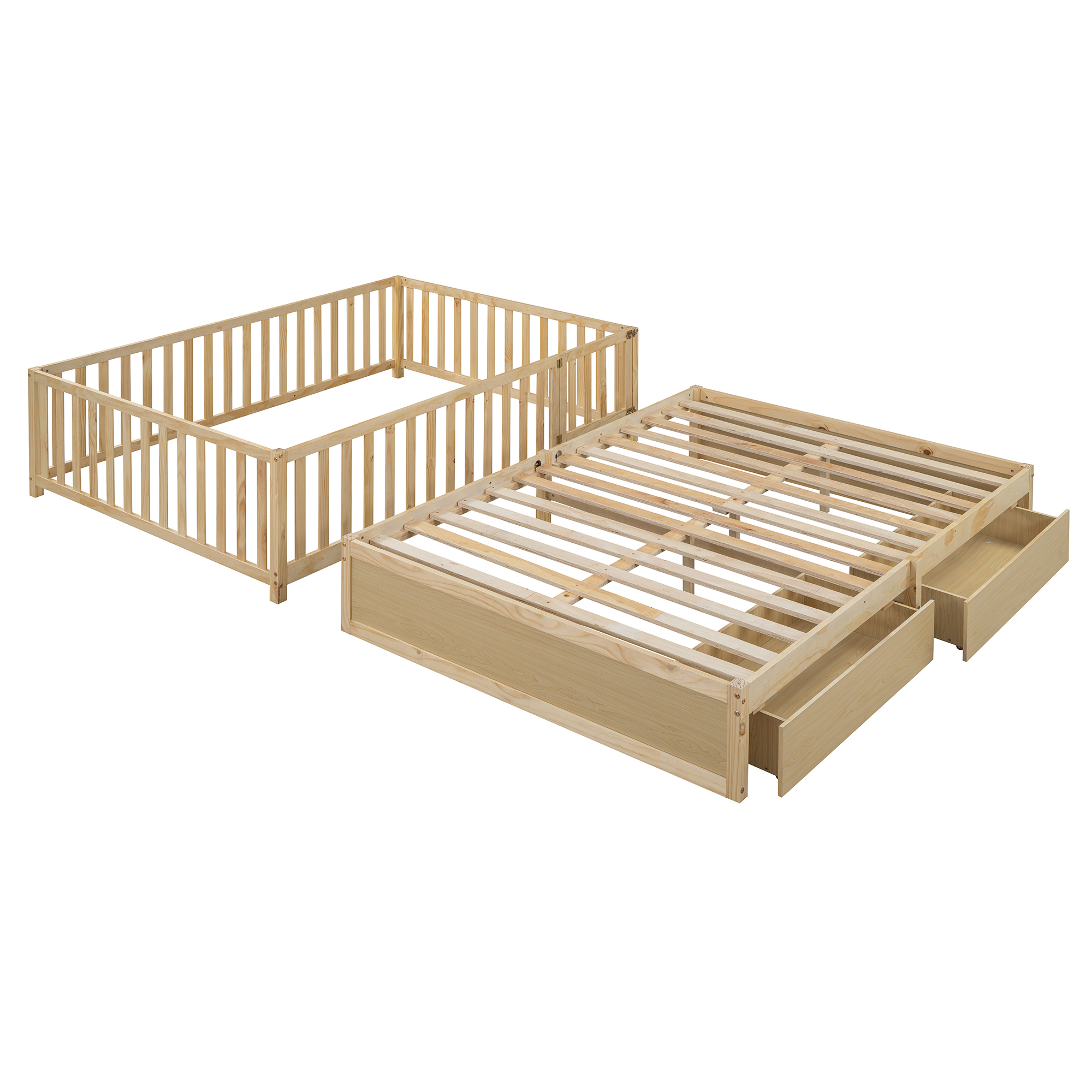 Full Size Wood Daybed with Fence Guardrails and 2 Drawers, Split into Independent Floor Bed & Daybed, Natural(OLD SKU :LP000882AAN)