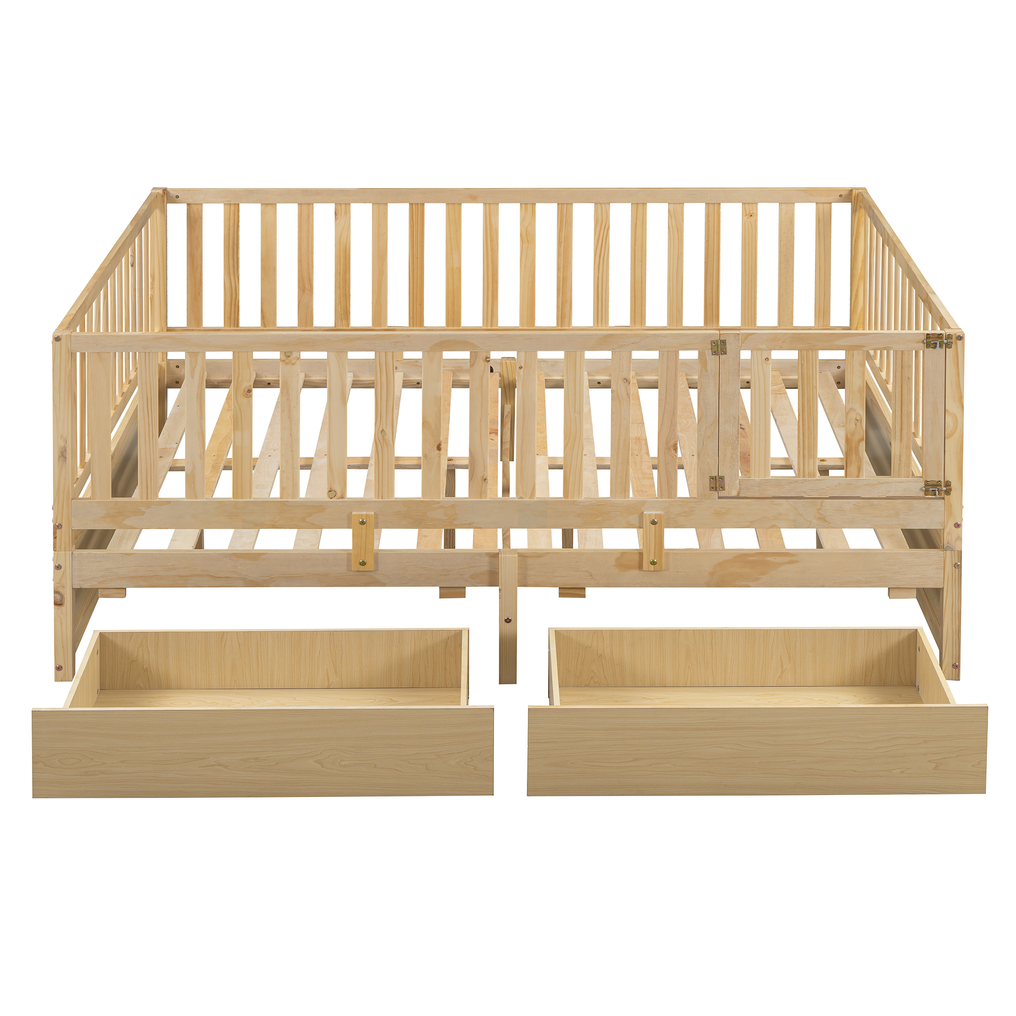 Full Size Wood Daybed with Fence Guardrails and 2 Drawers, Split into Independent Floor Bed & Daybed, Natural(OLD SKU :LP000882AAN)