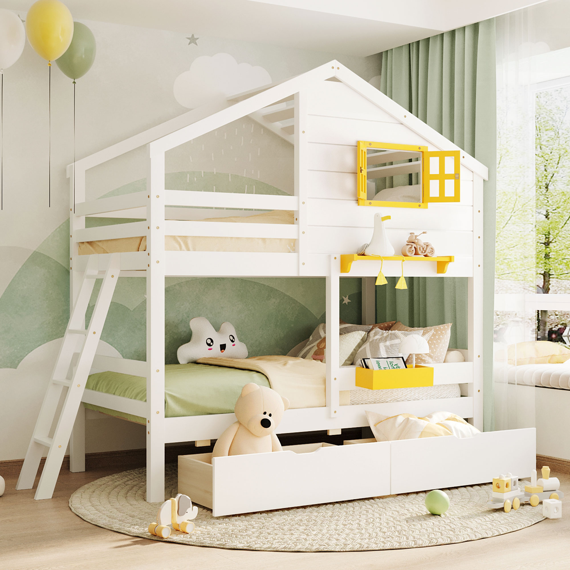 Twin over Twin Bunk Bed with 2 Drawers, 1 Storage Box, 1 Shelf, Window and Roof-White(OLD SKU:LT001608AAK)