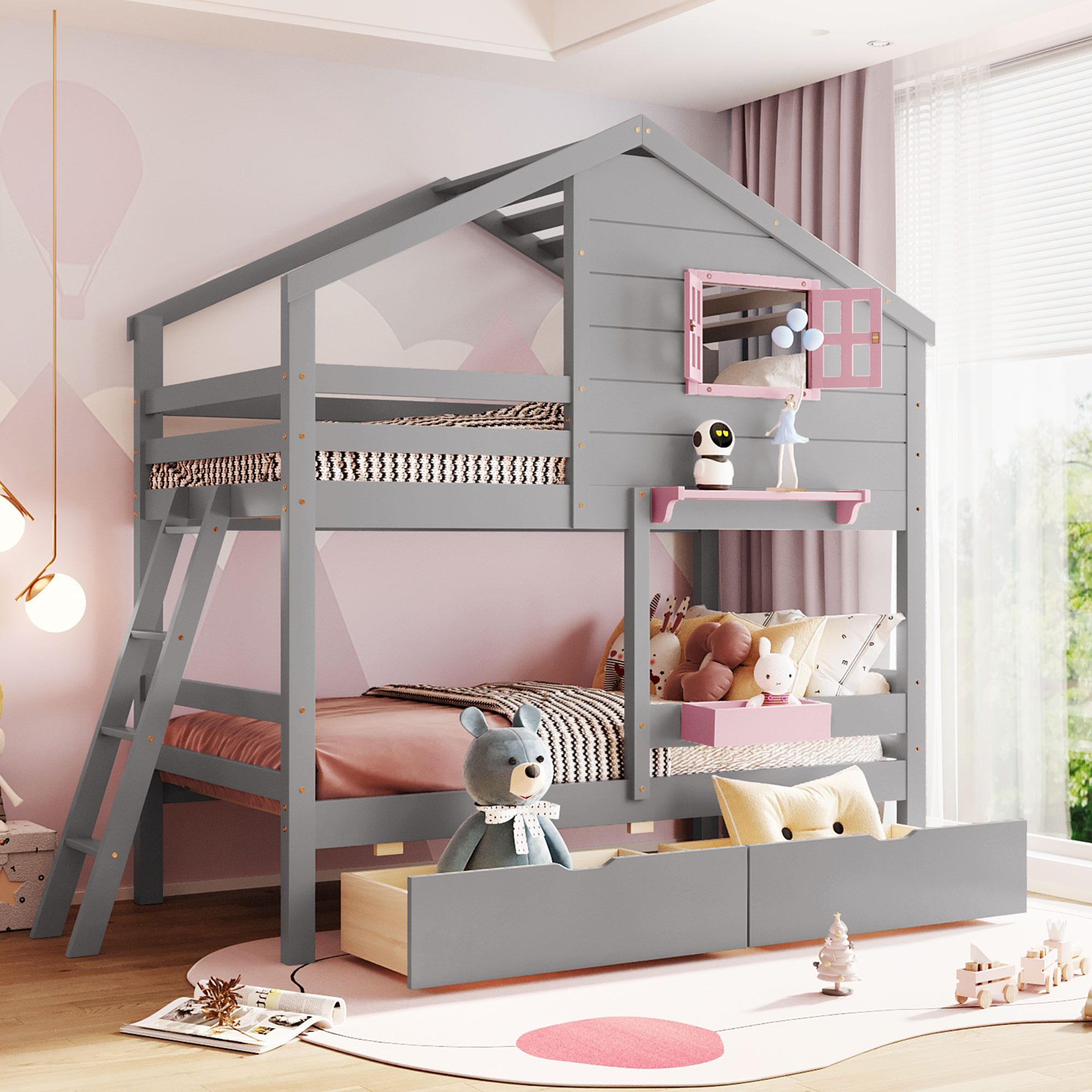 Twin over Twin Bunk Bed with 2 Drawers, 1 Storage Box, 1 Shelf, Window and Roof-Gray(OLD SKU:LT001608AAE)