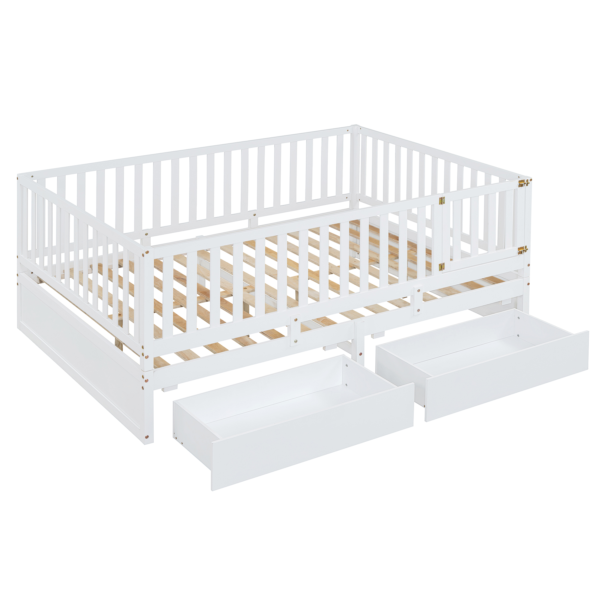 Full Size Wood Daybed with Fence Guardrails and 2 Drawers, Split into Independent Floor Bed & Daybed, White(OLD SKU :LP000882AAK)