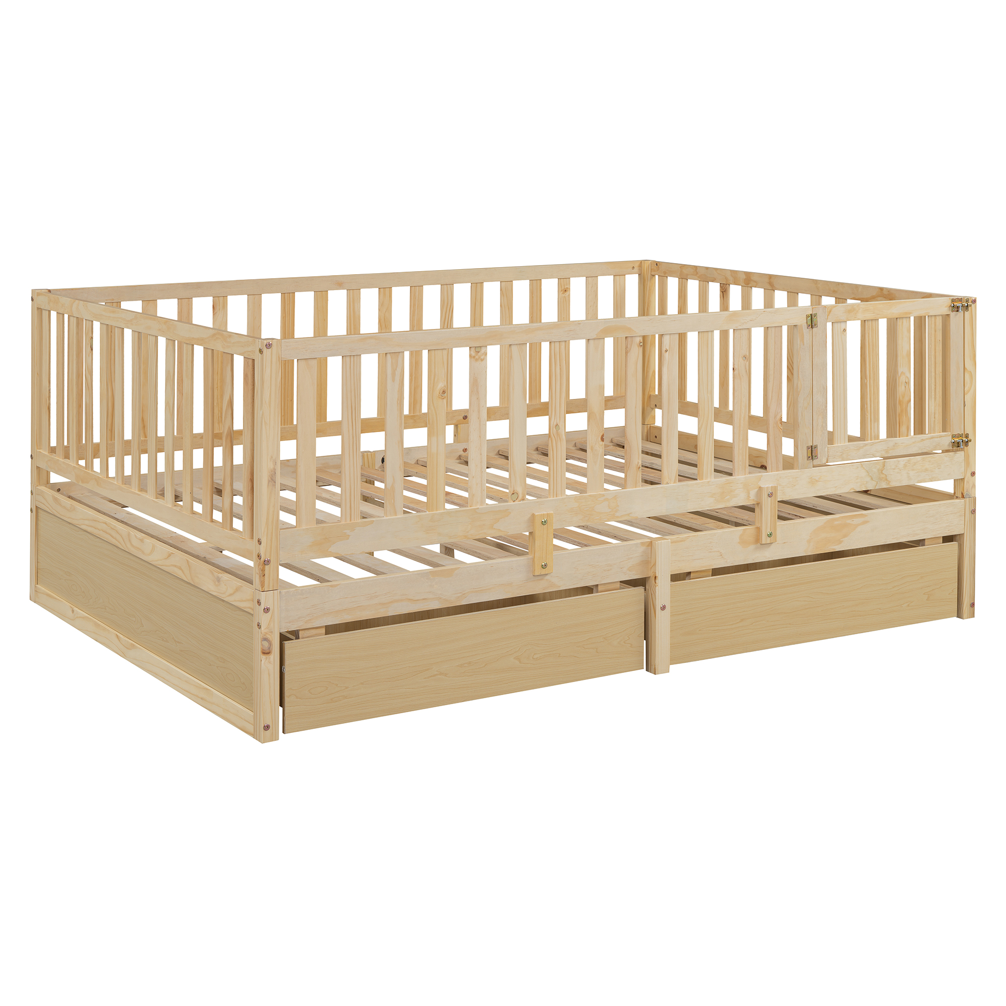 Full Size Wood Daybed with Fence Guardrails and 2 Drawers, Split into Independent Floor Bed & Daybed, Natural(OLD SKU :LP000882AAN)