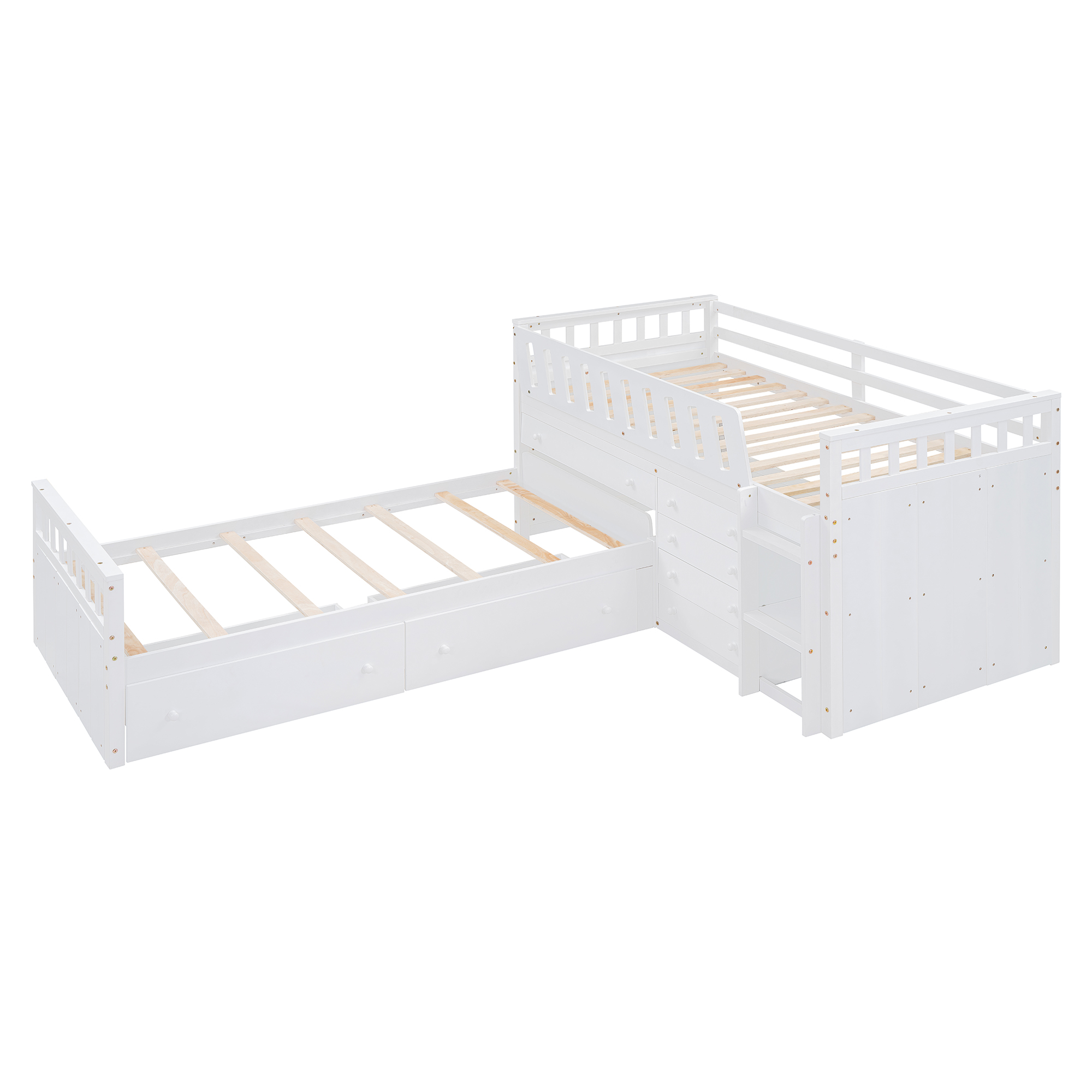 L-shaped  Space-Saving Twin Loft and  Twin  Platform Bed with 7 Drawers and Full Guardrails(WHITE)