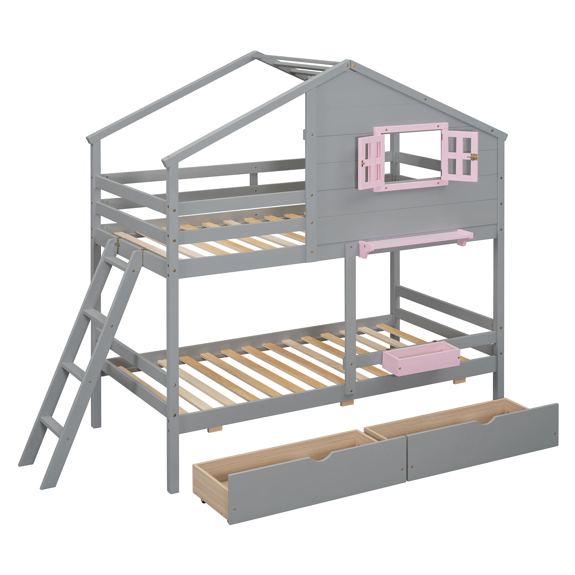 Twin over Twin Bunk Bed with 2 Drawers, 1 Storage Box, 1 Shelf, Window and Roof-Gray(OLD SKU:LT001608AAE)