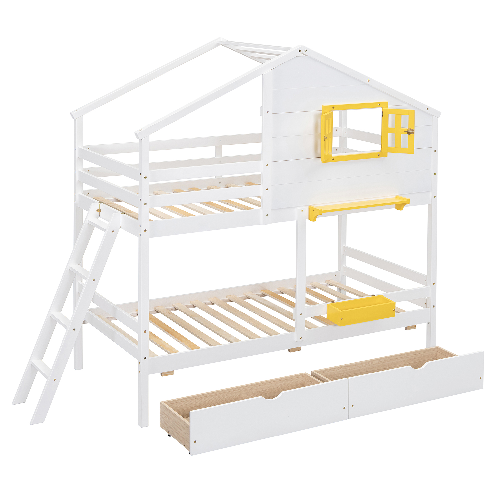 Twin over Twin Bunk Bed with 2 Drawers, 1 Storage Box, 1 Shelf, Window and Roof-White(OLD SKU:LT001608AAK)