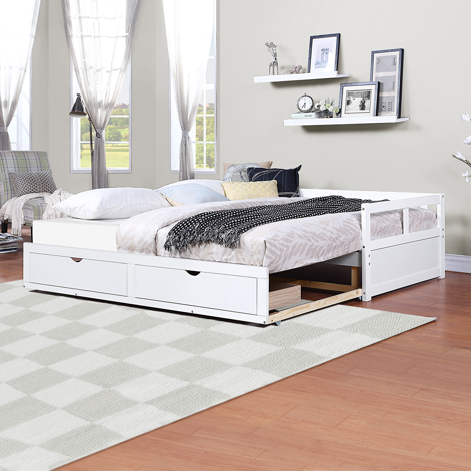 Wooden Daybed with Trundle Bed and Two Storage Drawers , Extendable Bed Daybed,Sofa Bed for Bedroom Living Room,White