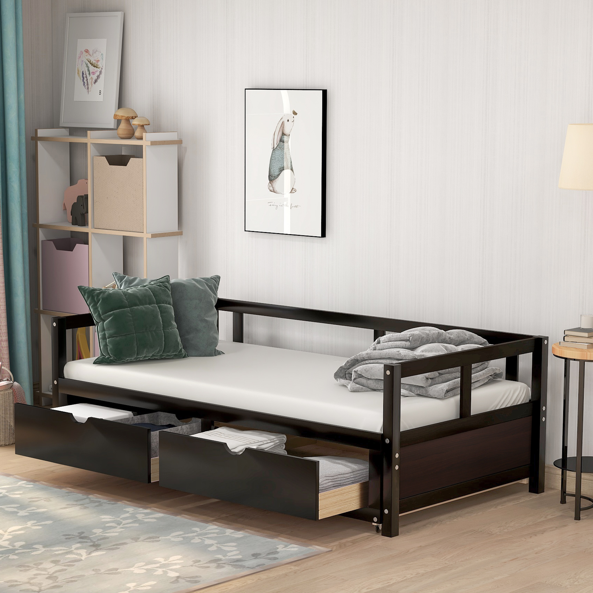 Wooden Daybed with Trundle Bed and Two Storage Drawers , Extendable Bed Daybed,Sofa Bed for Bedroom Living Room,Espresso