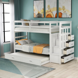 Solid Wood Bunk Bed, Hardwood Twin Over Twin Bunk Bed with Trundle and Staircase, Natural White Finish
